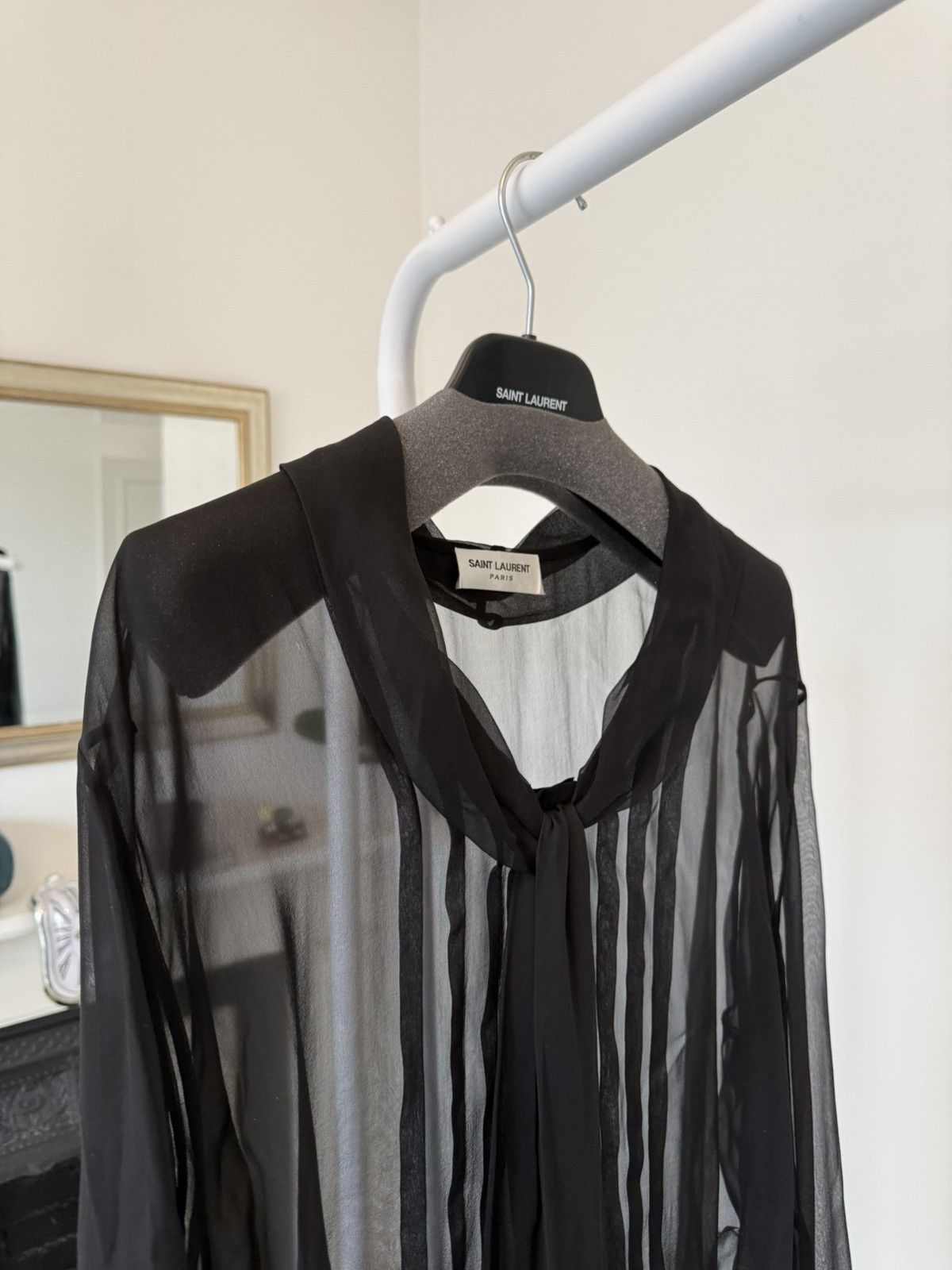Saint Laurent Paris FW23 Saint Laurent Lavalliere-Neck Shirt in Silk Muslin Size US XS / EU 42 / 0 - 5 Thumbnail
