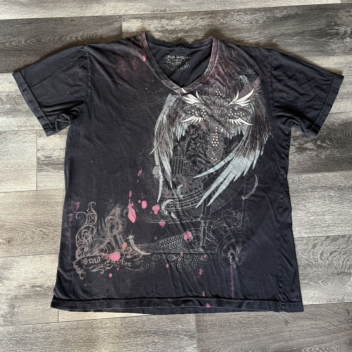 Vintage Vintage 2000s Affliction Style Brad Butter Cross V Neck Tee Size US XXL / EU 58 / 5 - 1 Thumbnail