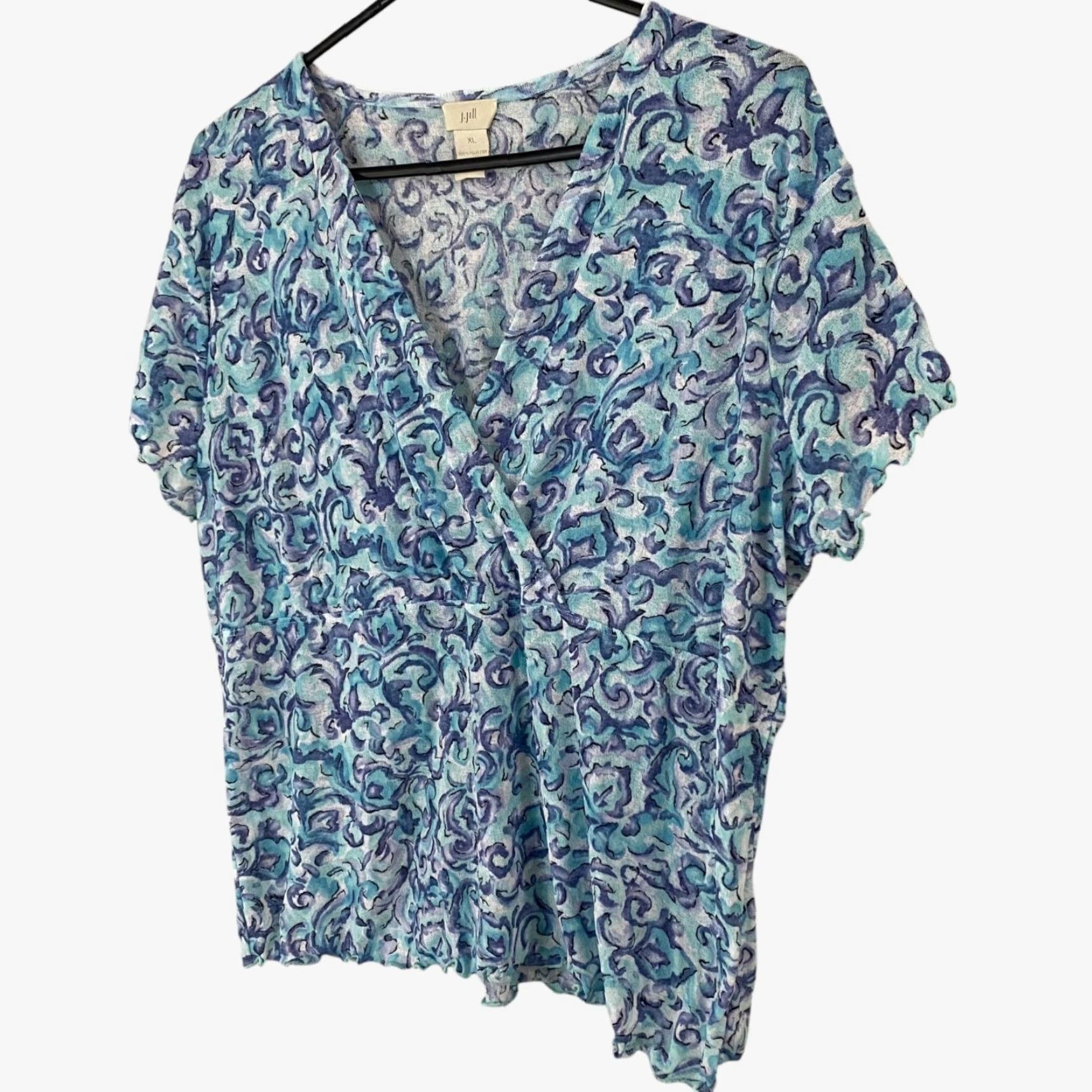 J. Jill J.Jill Blouse Women's XL V-Neck Ruffled Blue Watercolor Abstract Print Shirt Size XL / US 12-14 / IT 48-50 - 3 Thumbnail
