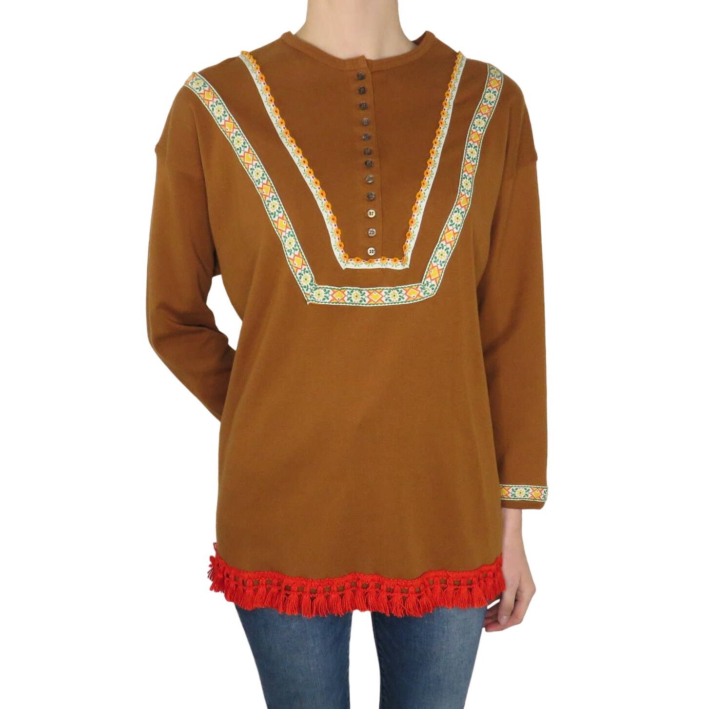 Vintage VTG. Songwriter Embroidered Brown Boho Western Tassel Blouse Size S / US 4 / IT 40 - 3 Thumbnail