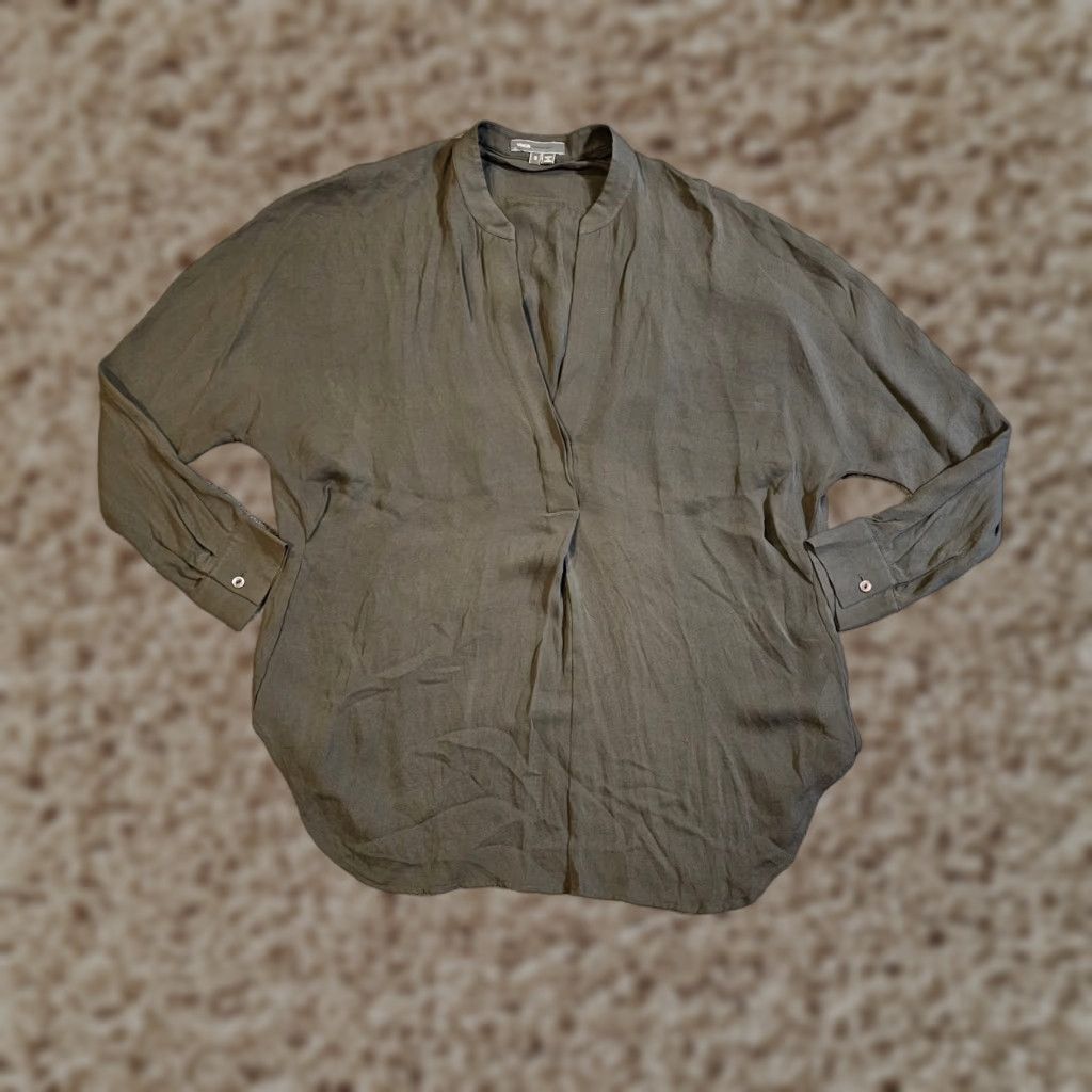 Vince Top Womens Small Gray Silk V Neck Long Sleeve Casual Blouse