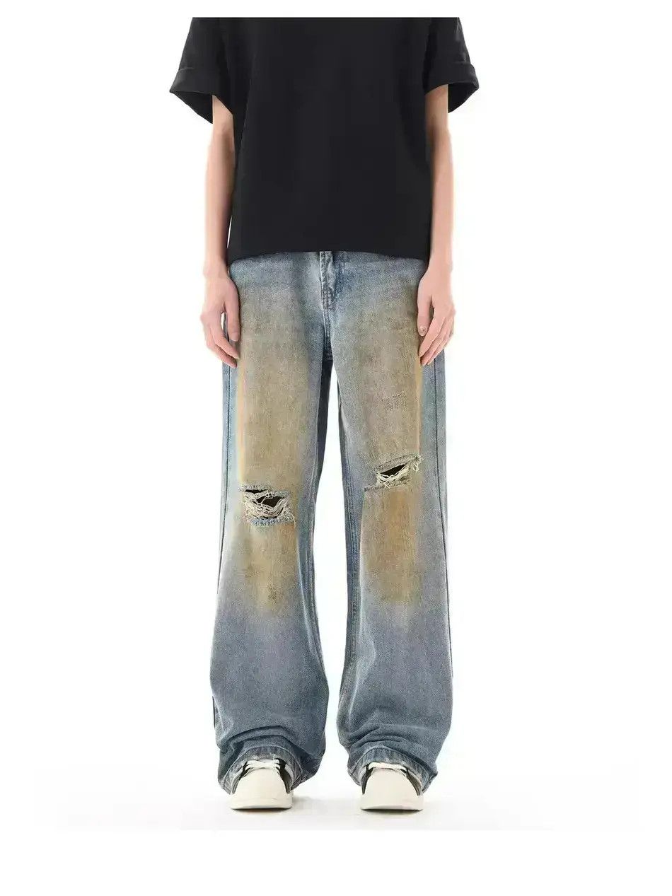 Japanese Brand Retro loose fitting straight leg distressed jeans Size US 32 / EU 48 - 6 Thumbnail