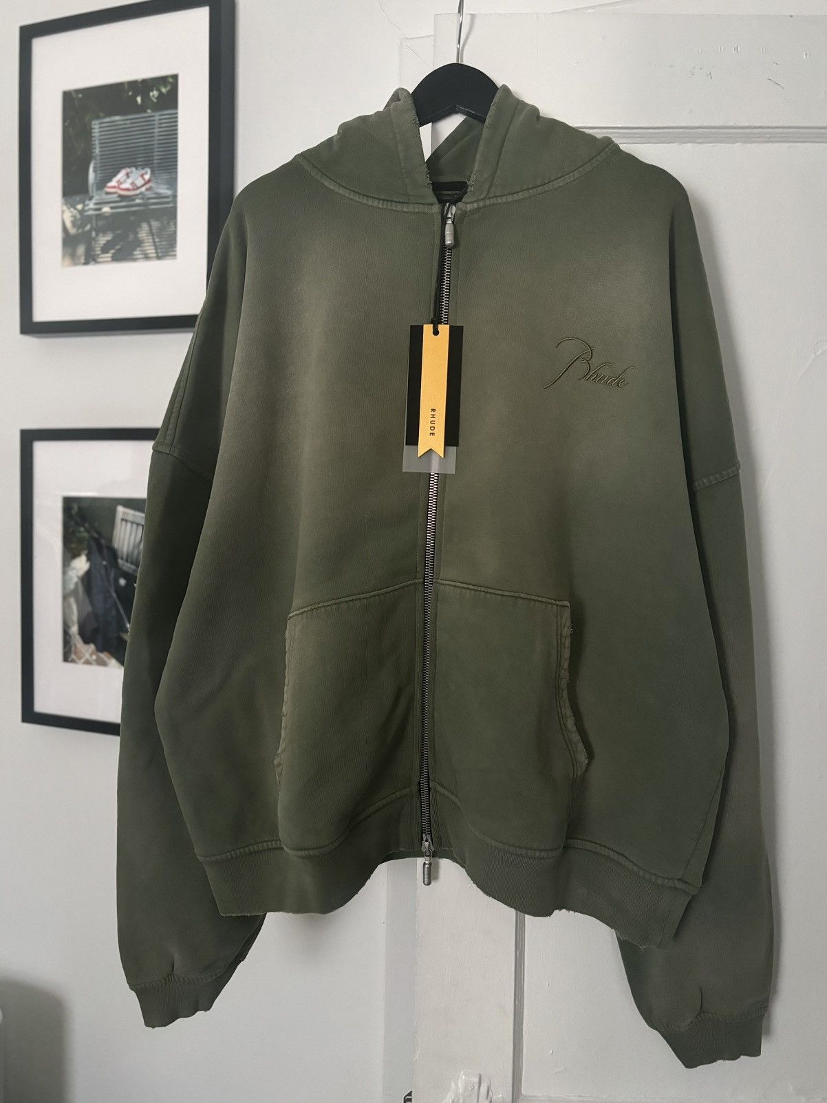 Image of Rhude Sun Faded Bleached Distressed Script Logo Zip Hoodie in Green, Men's (Size 2XL)