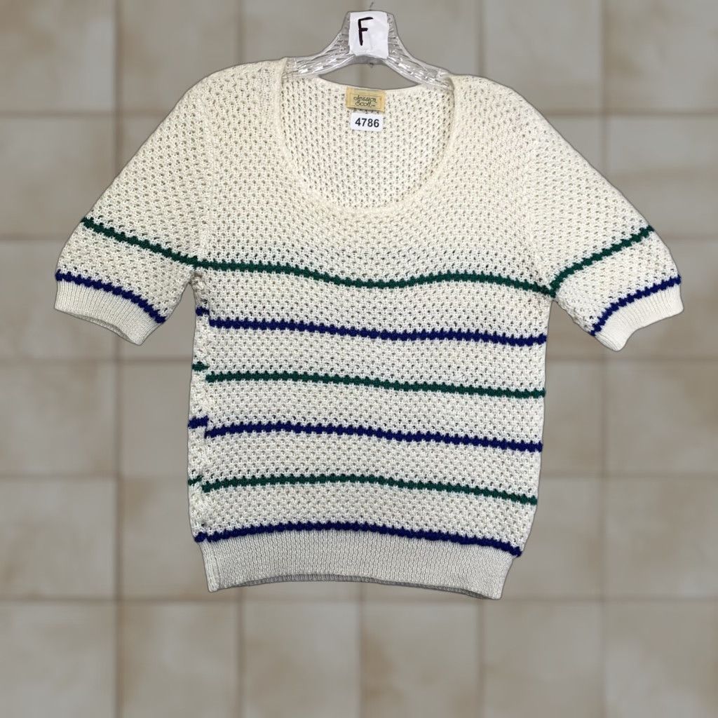 Vintage VINTAGE Jessica Scott Women's Jumper XS Open-Knit Pullover Short Sleeve 80s 90s Retro Aztec American White Blue Green Stripes Size XS / US 0-2 / IT 36-38 - 1 Thumbnail