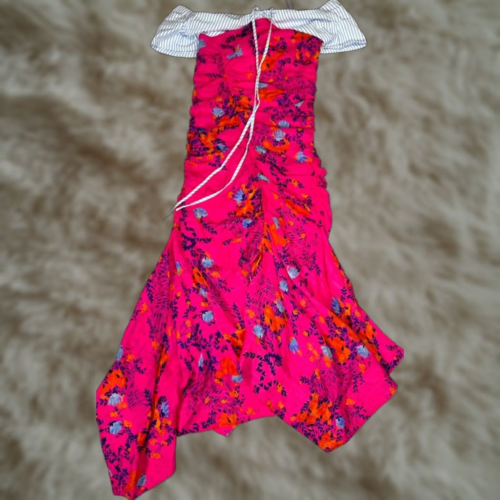 Tanya Taylor Tanya Taylor Dress Pink Midi Sheath Off Shoulder Virginia Falling Floral Sz 2 Womens Size XS / US 0-2 / IT 36-38 - 1 Thumbnail