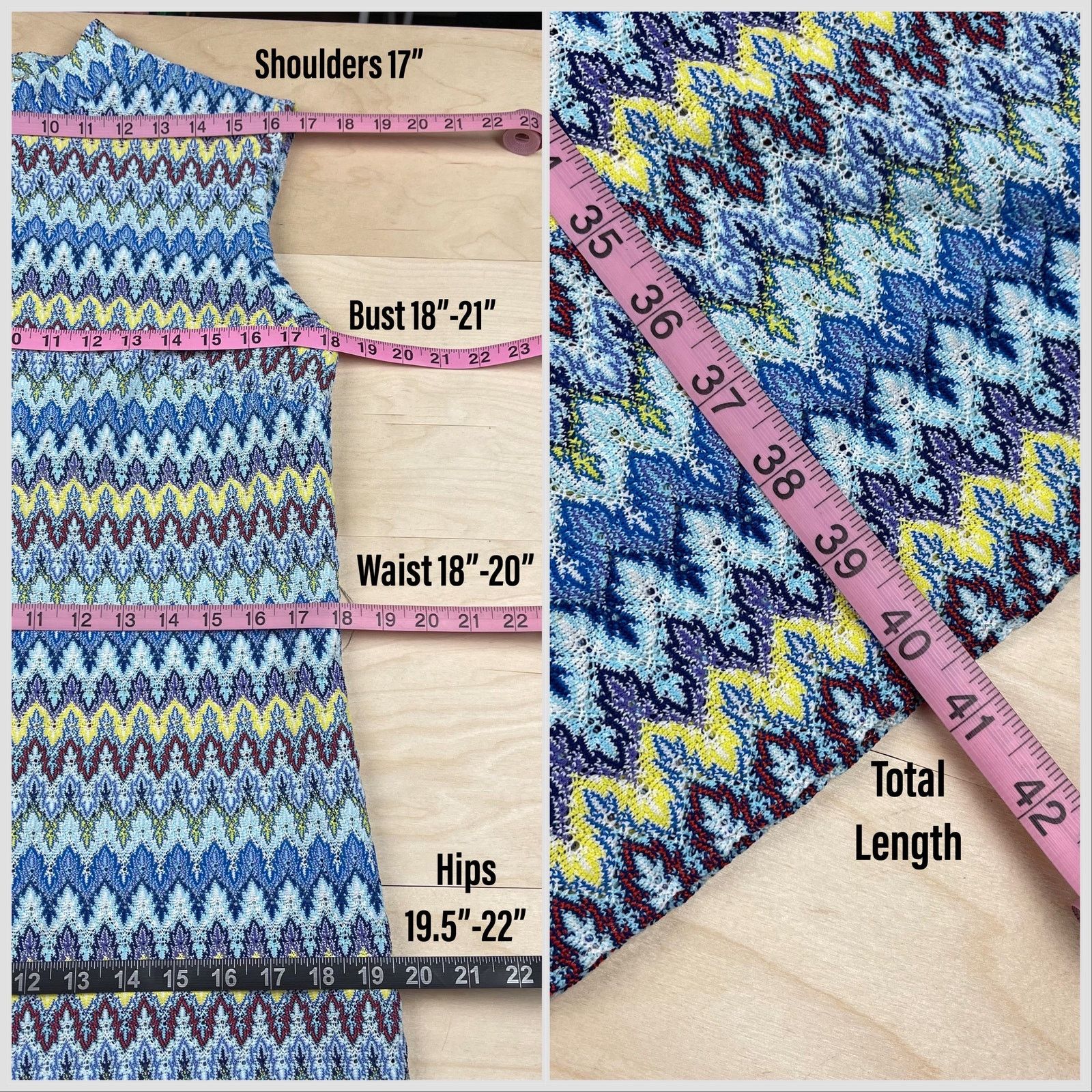 Vintage 1960s Blue and Green Zig Zag Knit Sleeveless Sheath Dress Size M / US 6-8 / IT 42-44 - 5 Thumbnail