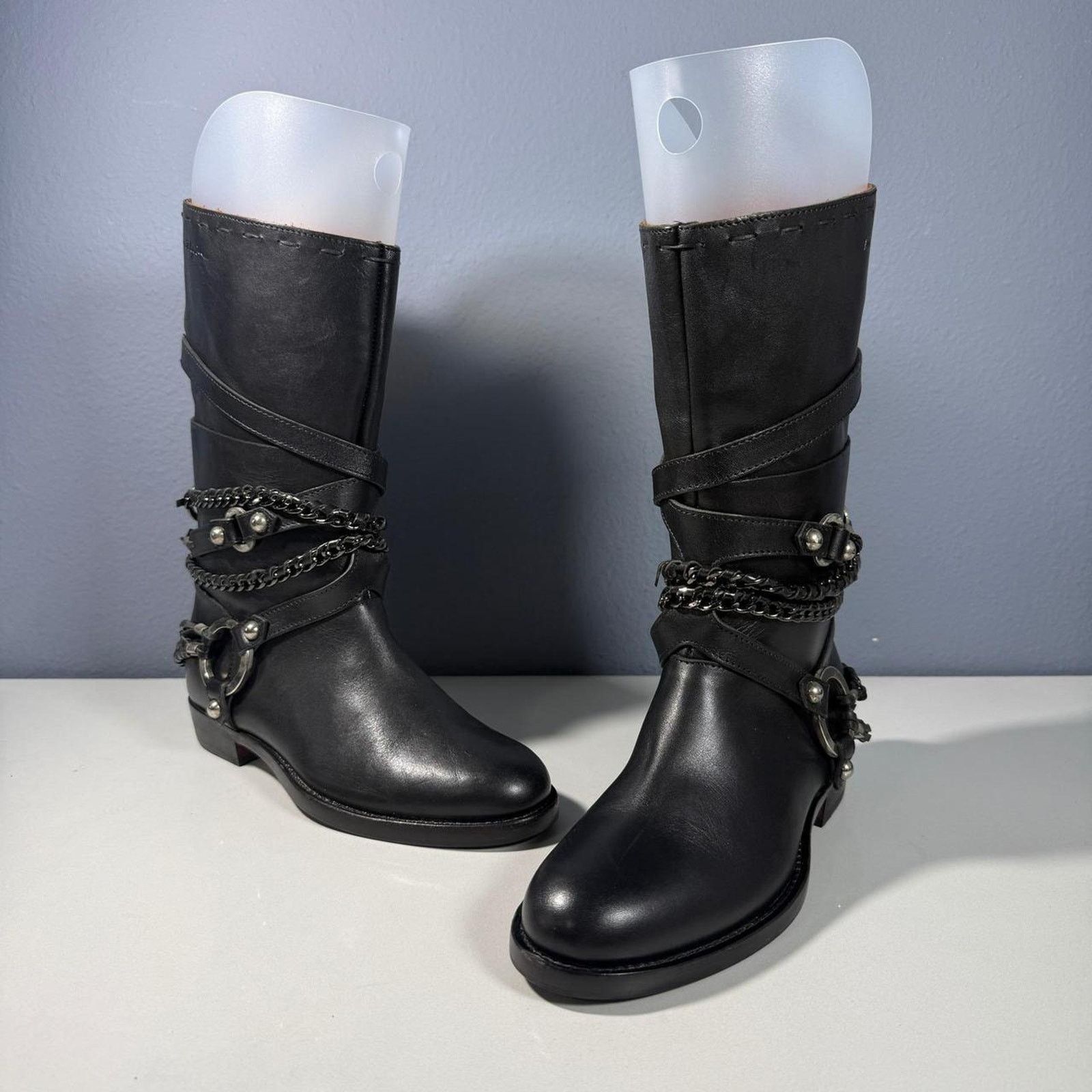 True Religion True Religion Black Leather Harness Chain Boots Size US 7.5 / IT 37.5 - 2 Thumbnail