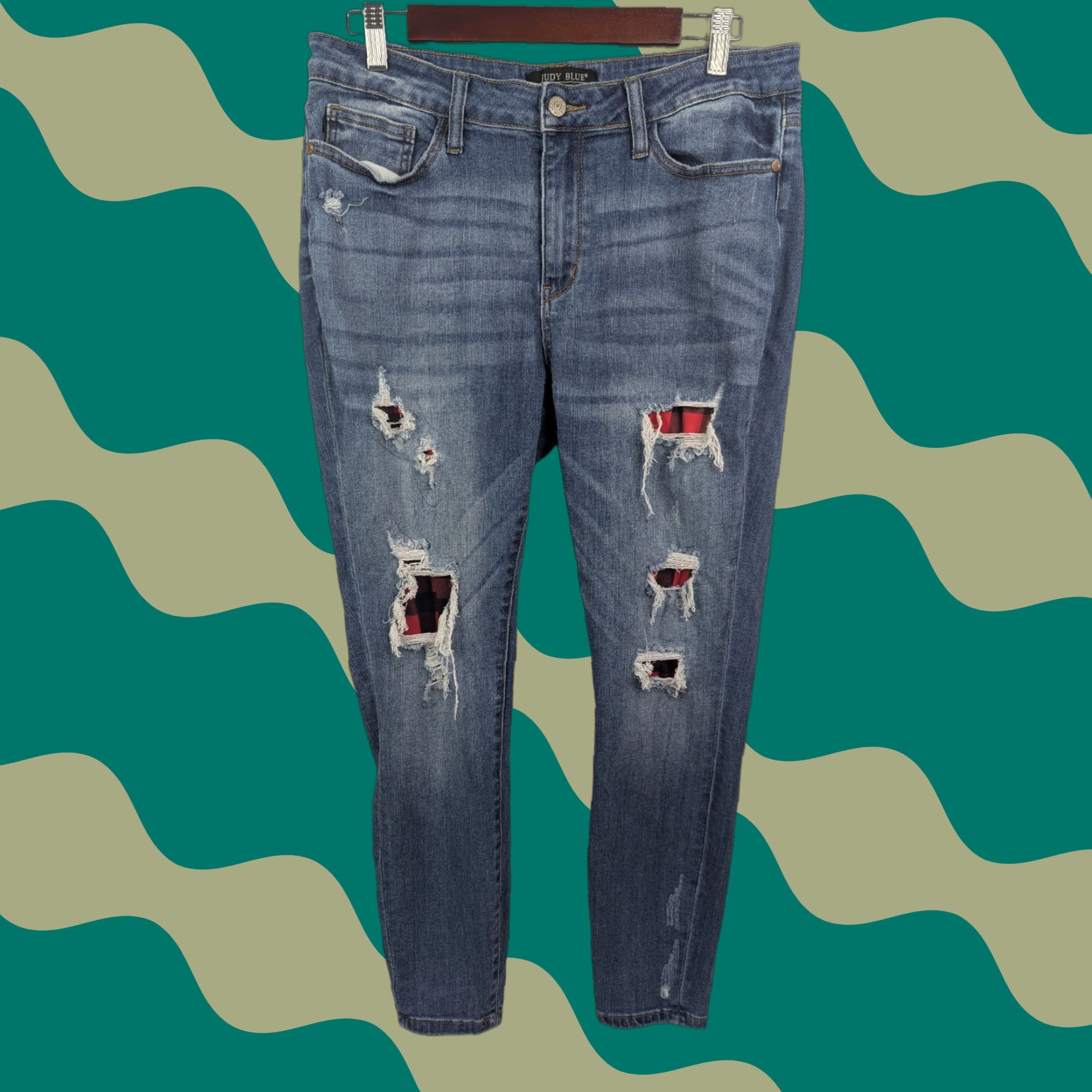 Denime Judy Blue Jeans Womens 13/31 Skinny Distressed Buffalo Plaid Patch Denim JB88316 Denim Jeans Women Vintage: No Size 34" / US 12 / IT 48 - 1 Thumbnail