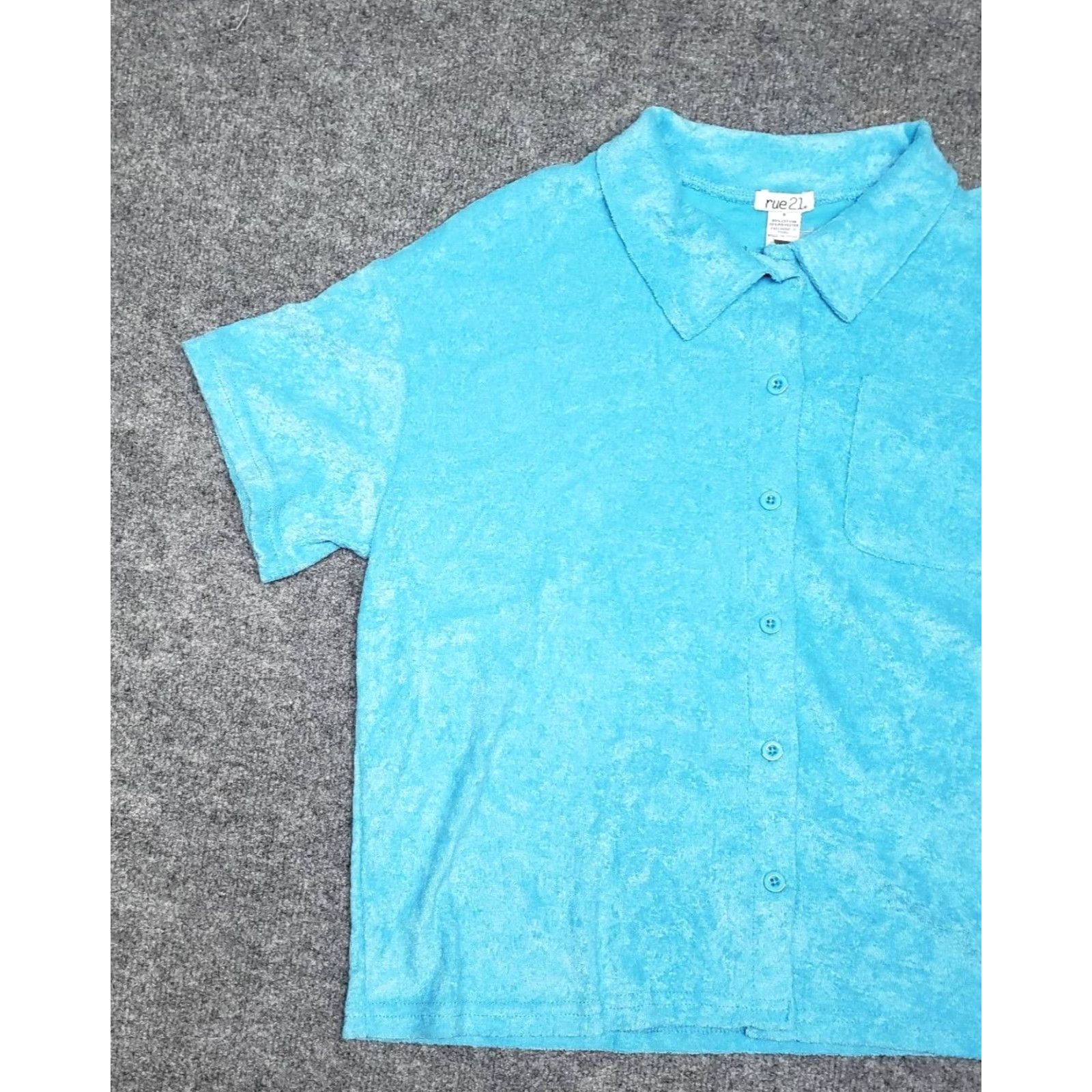 Vintage Rue21 Shirt Top Womens S Blue Terry Short Sleeve Button Up Pocket New Size S / US 4 / IT 40 - 3 Thumbnail