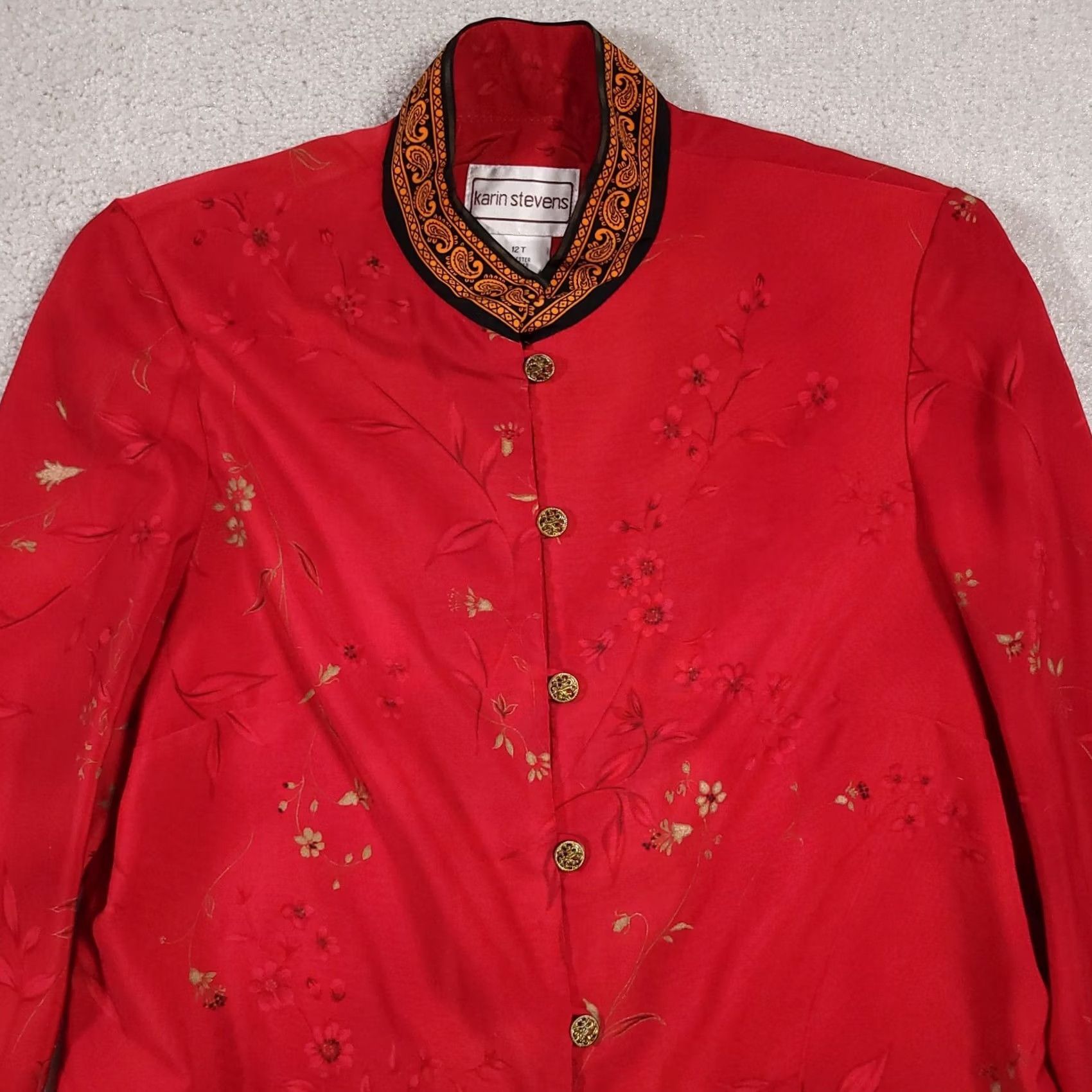 Vintage VINTAGE Karin Stevens Kimono Shirt Button Up Women's 12 Tall Red Floral Poly Shirt Womens Tall Red Floral 12T Ladies Kimono Button-Up Size XL / US 12-14 / IT 48-50 - 3 Thumbnail