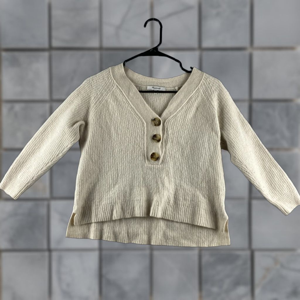 Madewell Madewell Wool Sweater Womens Small S Cream Pullover V-Neck Hi-Low Button Knit Wool Regular Solid Long Sleeve 1/2 Button Pullover Modern Fall Size S / US 4 / IT 40 - 1 Thumbnail
