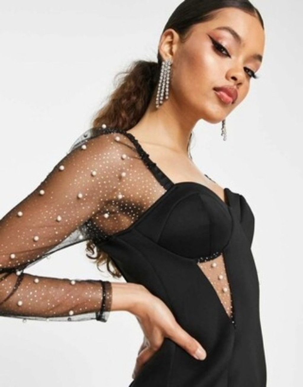 asos design pearl mesh corset midi dress in black ASOS DESIGN pearl mesh corset midi dress in black