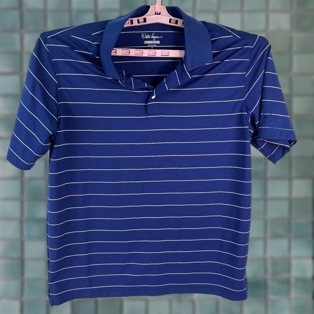 Vintage Walter Hagen Polo Shirt Striped Blue Polo M Mens Shirt Short Sleeve Pullover Collared Casual Classic Knit Polyester 100% Buttonless? Size US M / EU 48-50 / 2 - 1 Thumbnail
