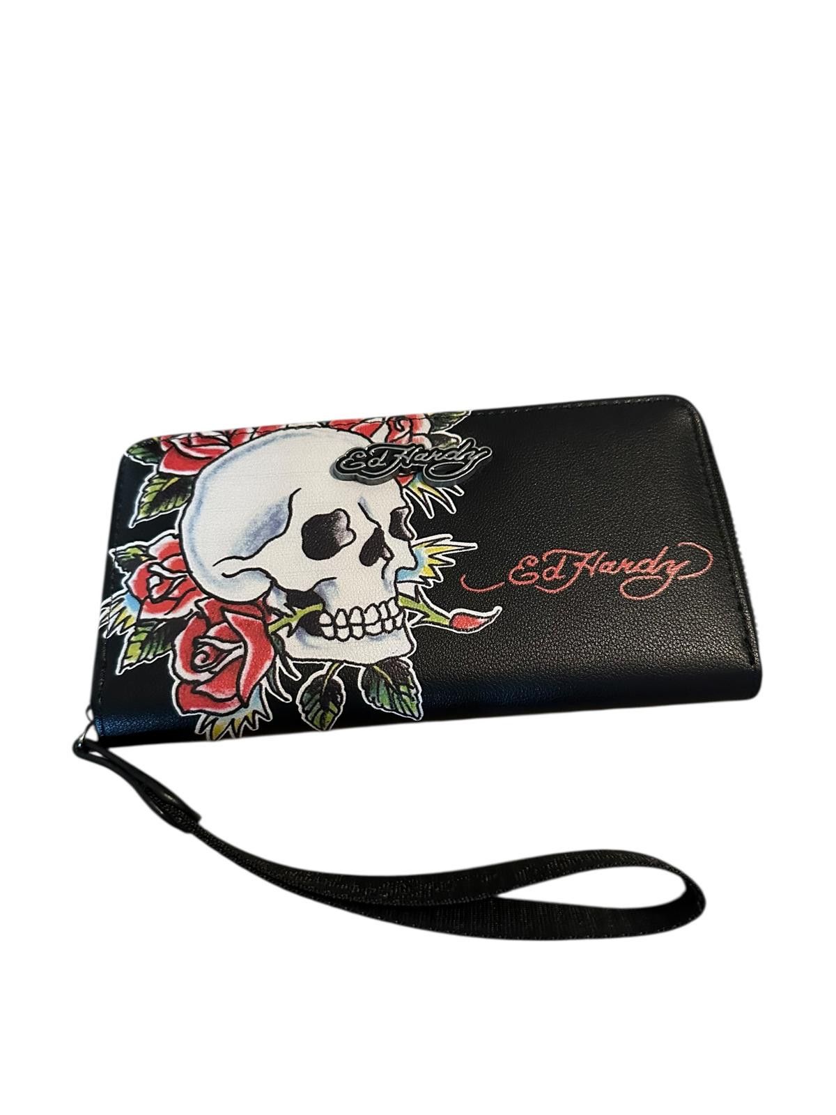 Ed Hardy Ed Hardy Black Leather Wristlet with Skull and Roses Design Size ONE SIZE - 1 Thumbnail