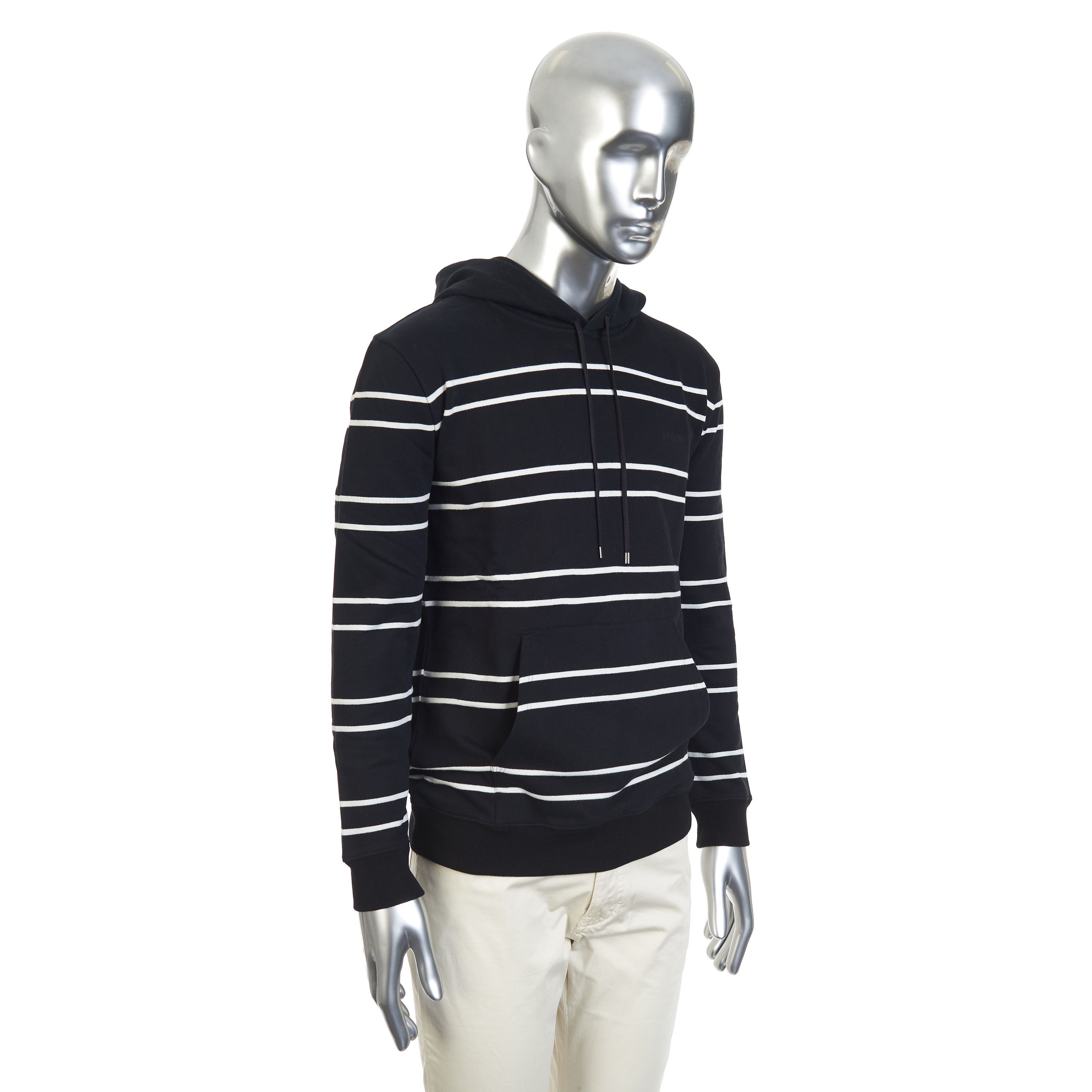 Saint Laurent Paris Hooded Sweatshirt In Striped Black Cotton & Logo Embroidey Size US M / EU 48-50 / 2 - 9 Thumbnail