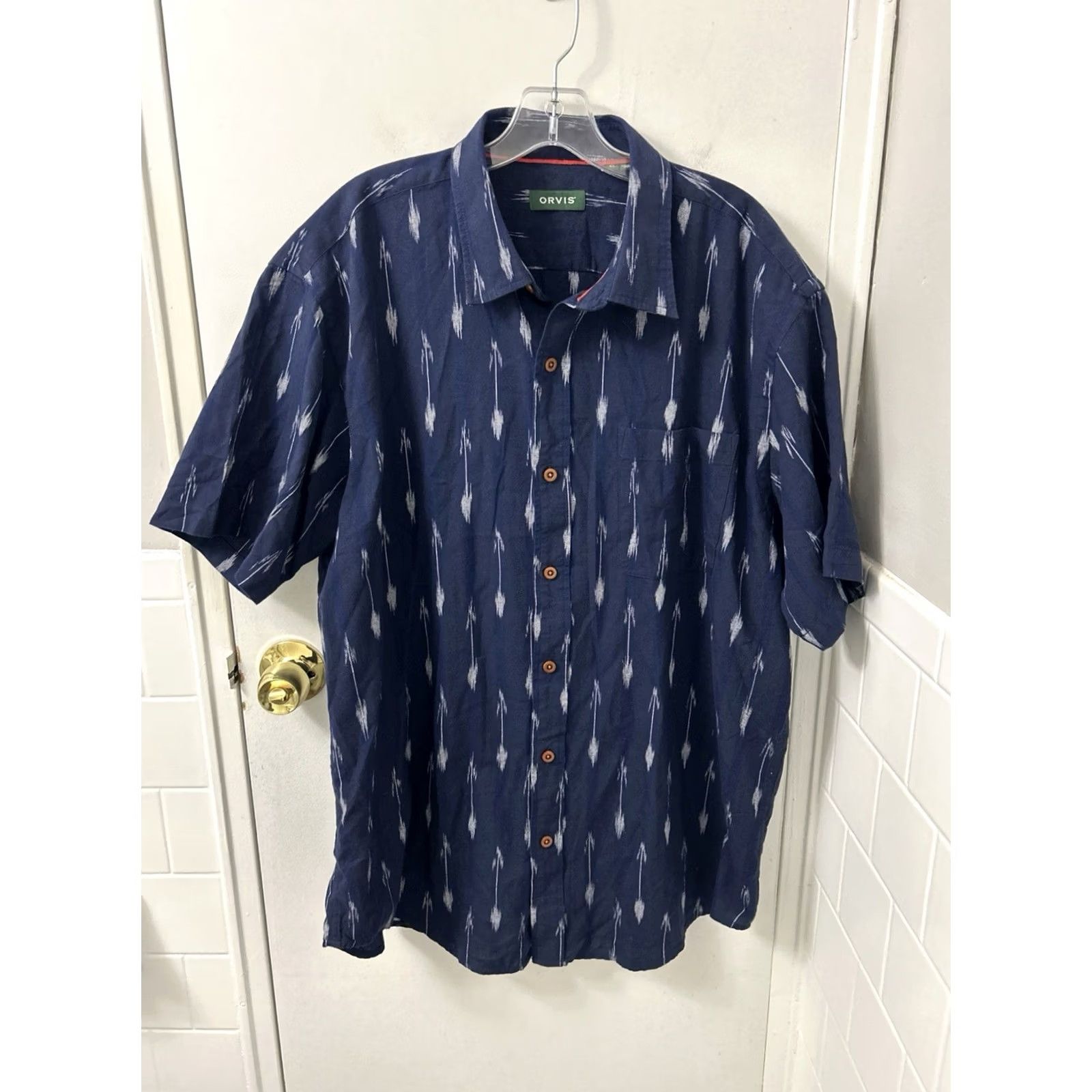 Orvis Orvis Shirt Mens XL Blue Cotton Button-Down Ikat Short Sleeve S/S Geometric Collared Pockets Lightweight Breathable Casual Travel Vintage No Size US XL / EU 56 / 4 - 2 Thumbnail