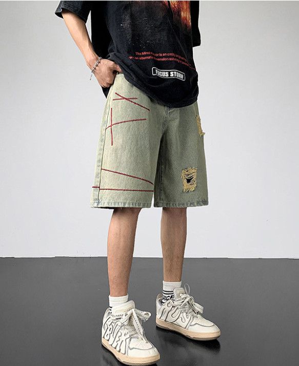 Japanese Brand Men's loose-fitting distressed casual ripped denim shorts Size US 32 / EU 48 - 3 Thumbnail