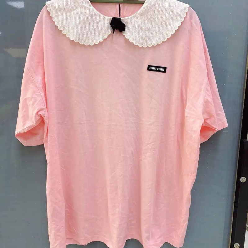Miu Miu Miu Miu Pink Cotton Tee with Peter Pan Collar 0089 Size L / US 10 / IT 46 - 1 Thumbnail