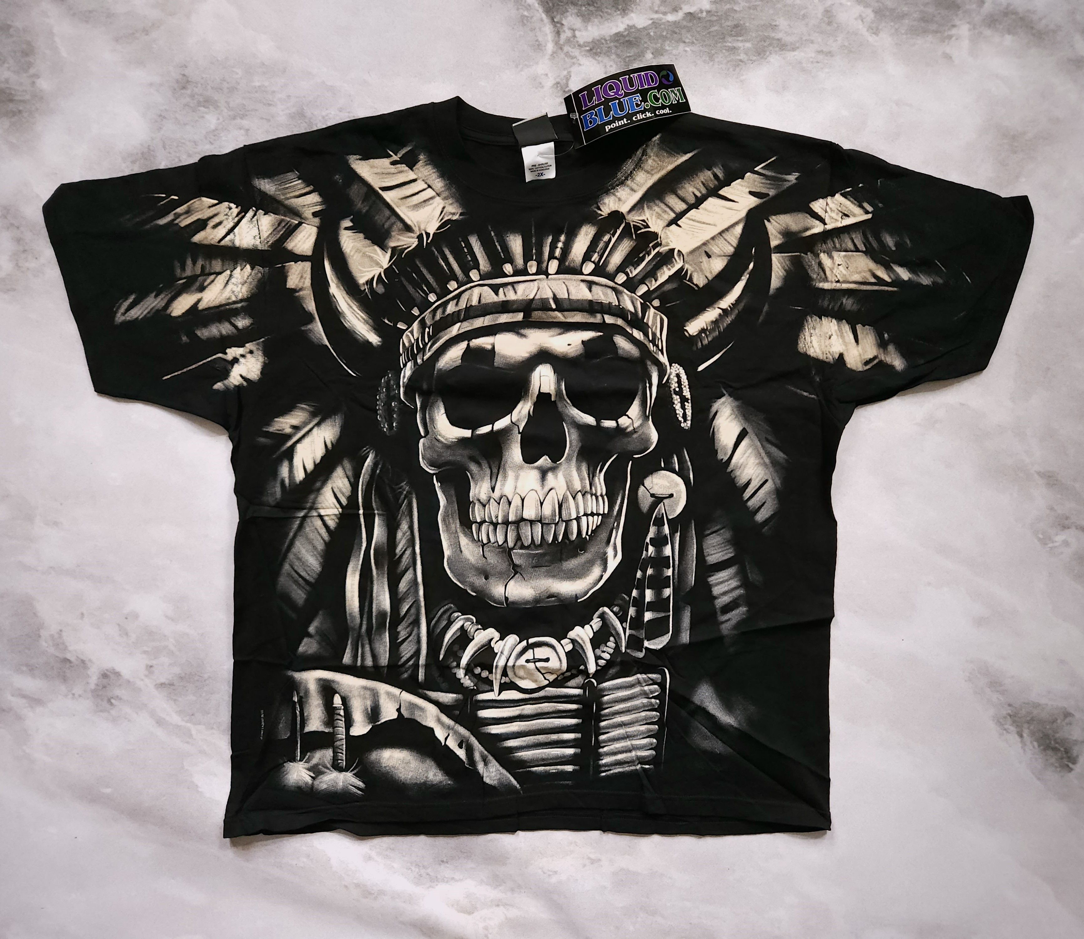 image of Liquid Blue Indian Skull T-Shirt Deadstock 2X New in Black/White, Men's (Size 2XL)