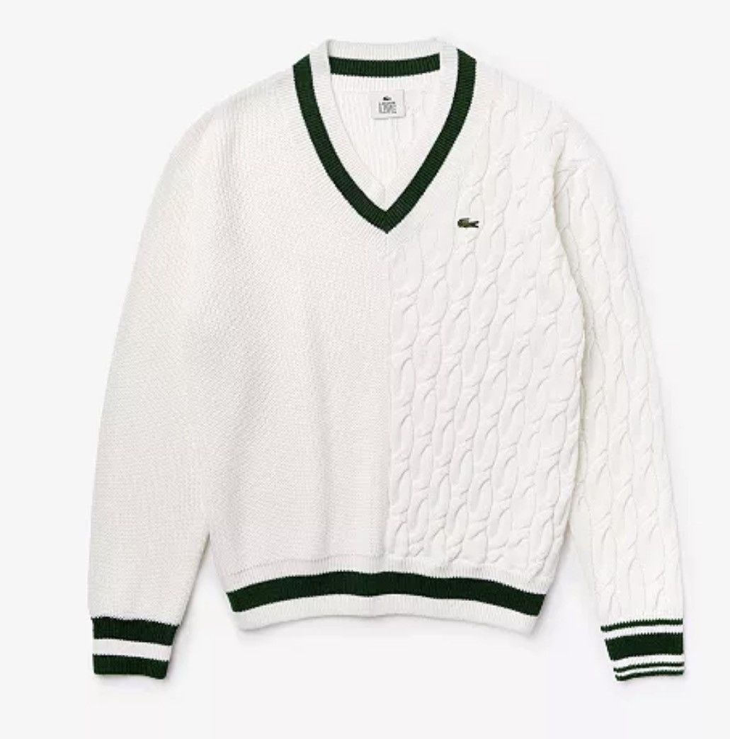 Lacoste Lacoste V-Neck Wool Cable Knit Striped Sweater Size US L / EU 52-54 / 3 - 1 Thumbnail