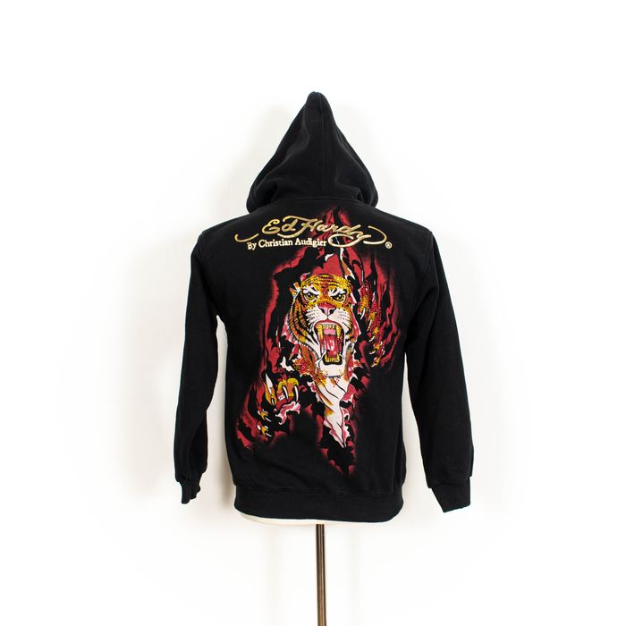 Vintage Ed Hardy Black Tiger Print Zip Up Hoodie Grailed