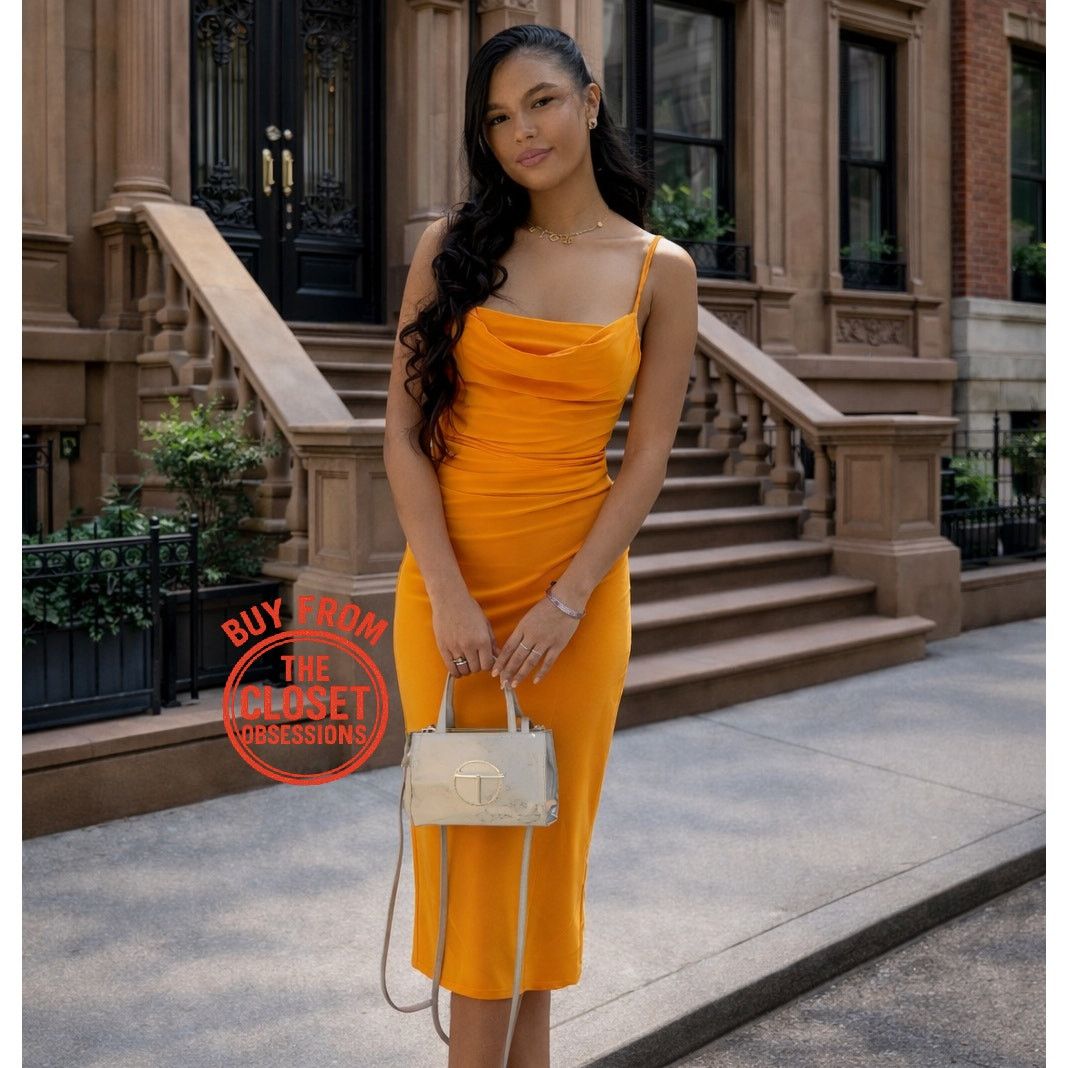 zara orange midi dress Zara Draped Neckline Midi Dress in Orange  UFO No More