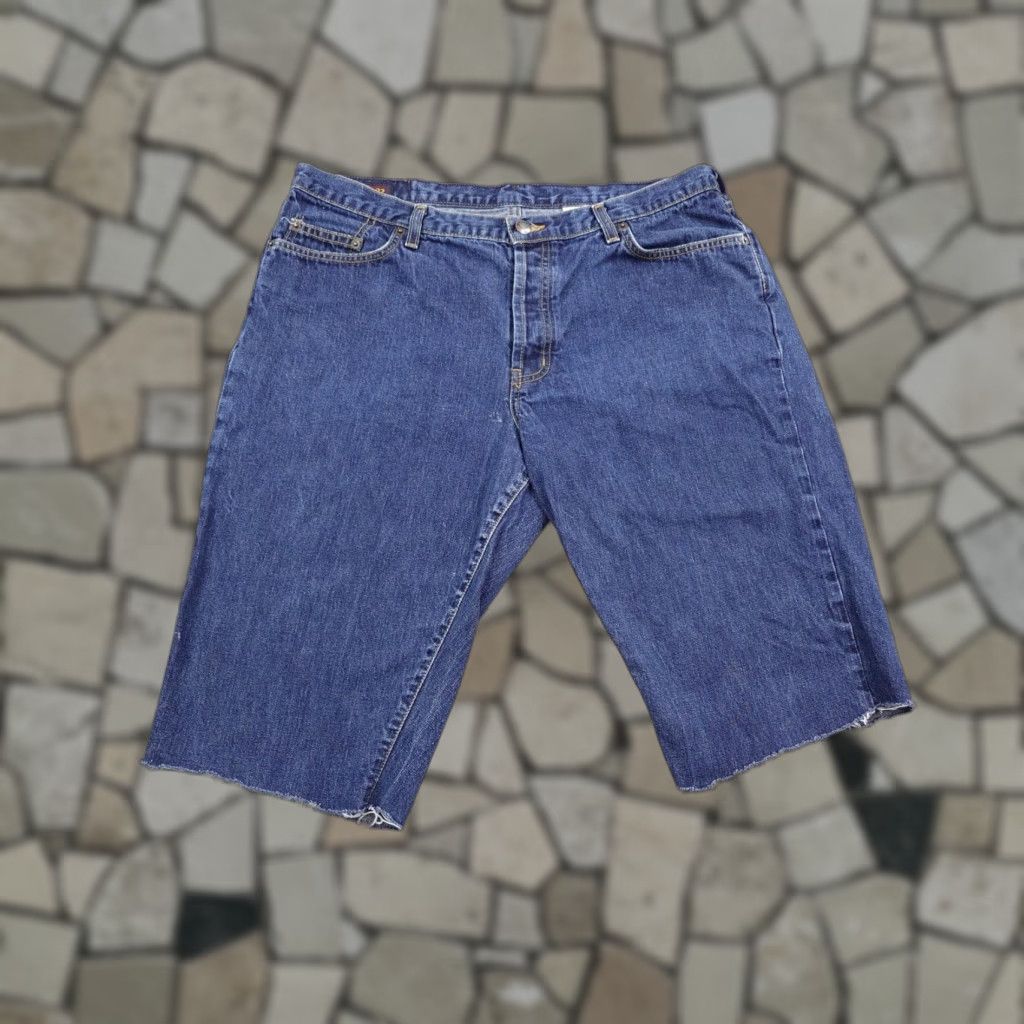 VINTAGE Abercrombie & Fitch Shorts Mens 33 Blue Denim Bermuda Distressed Button Fly 90s Casual Travel
