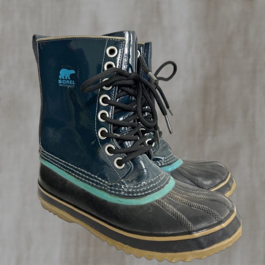 SOREL Sorel Aqua Dahlia Boots Womens Size 6 Lace Up Patent Leather Blue Rain Winter Boots Mens? Ladies No—keep Womens Size 6 Blue Patent Leather Duck Boots Size US 6 / IT 36 - 1 Thumbnail