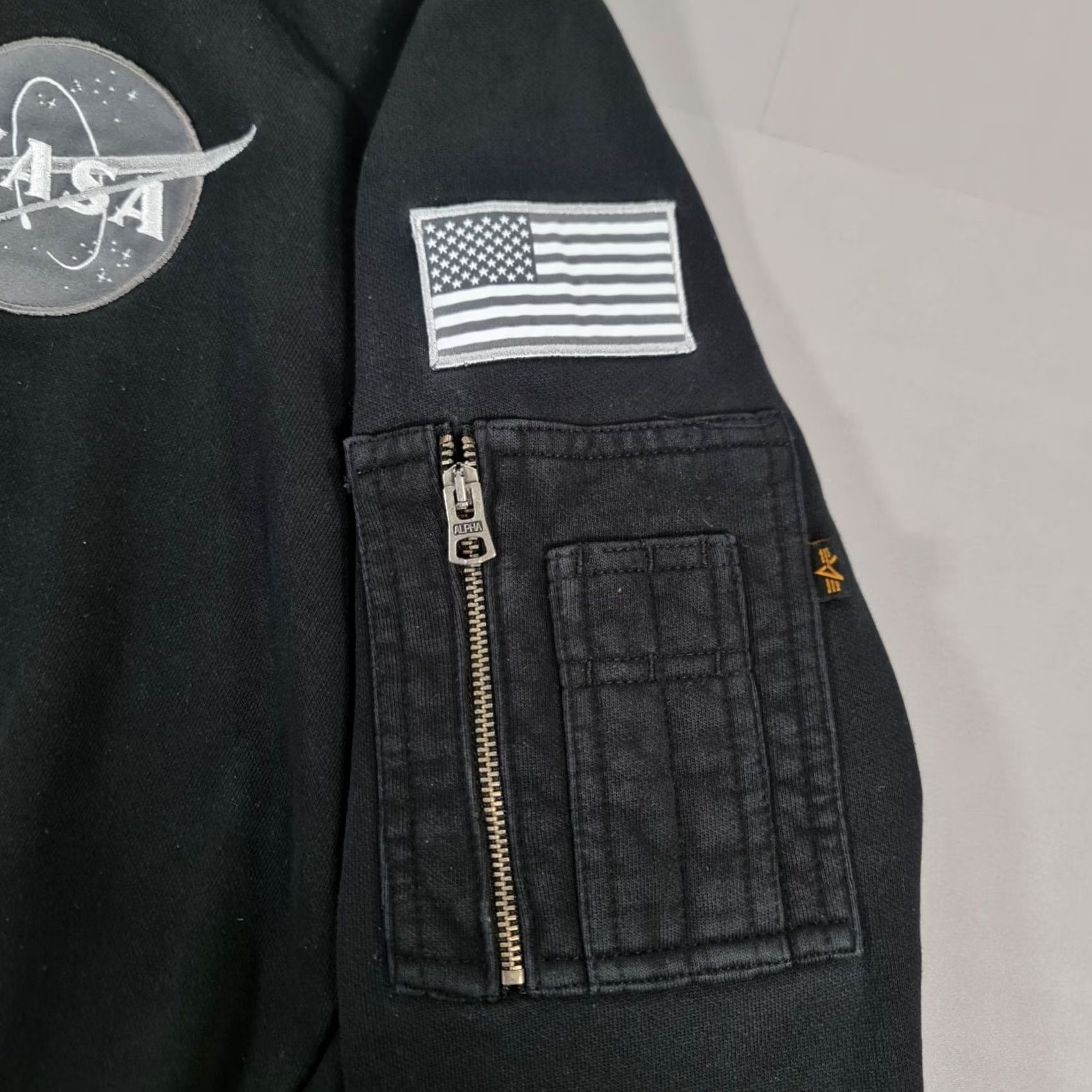 Jordan Brand Alpha Industries Mens Hoodie Black Small Nasa Space Shuttle USA Flag Logo Fleece Size US S / EU 44-46 / 1 - 5 Thumbnail