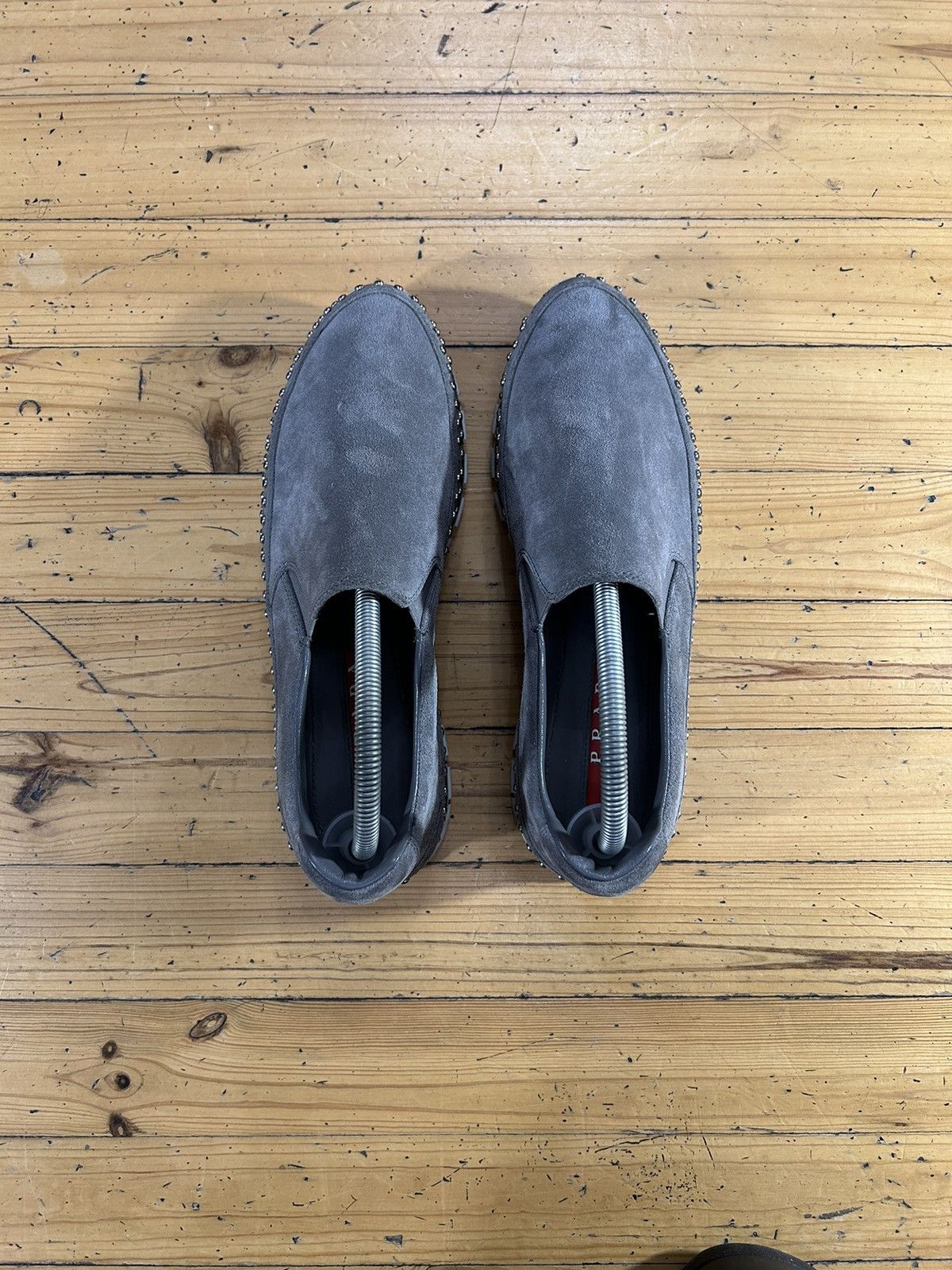 Prada Grey Nabuc loafers with diamonds detail’s