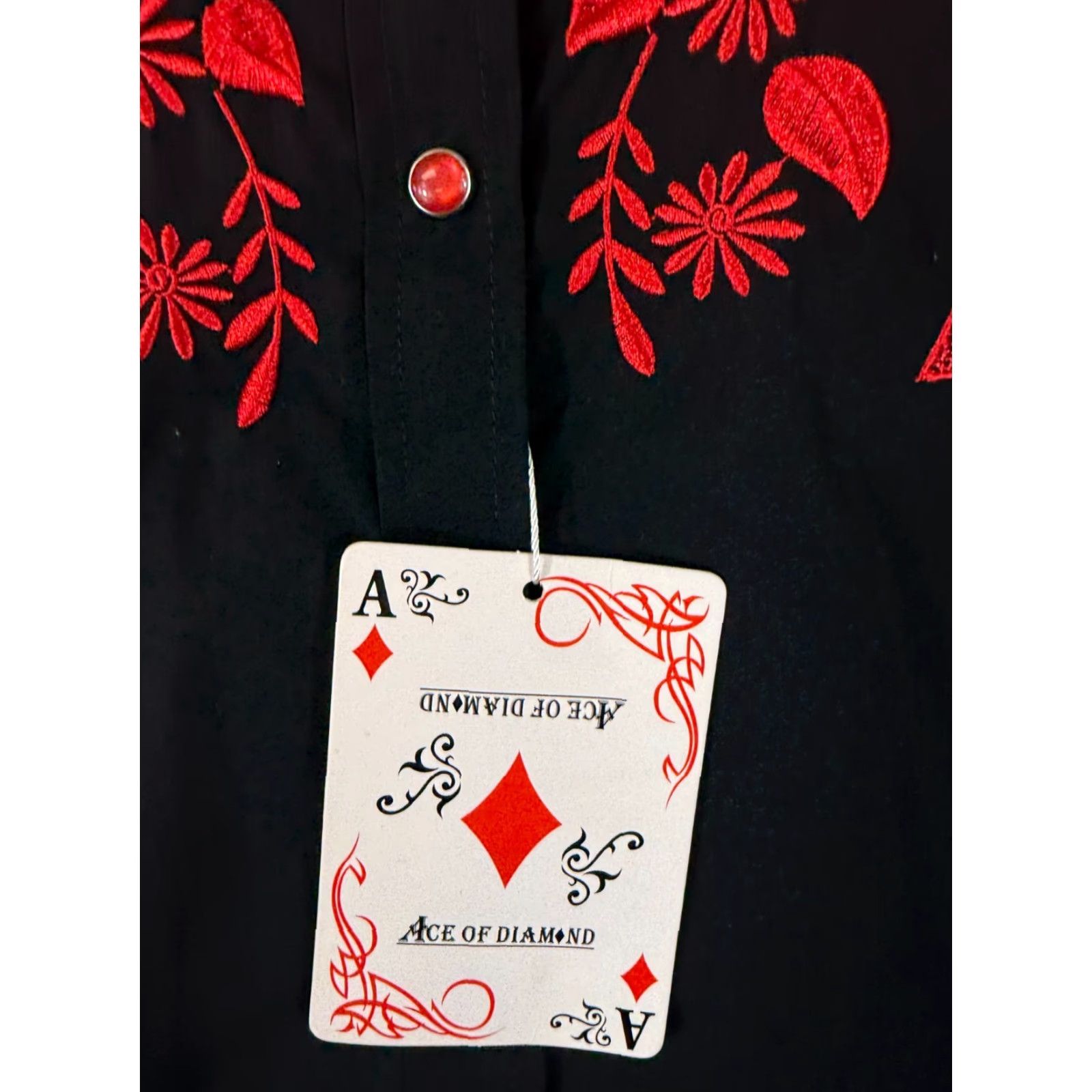 Vintage Ace of Diamond Western Shirt Womens L Black Floral Embroidered Pearl Snap NWT Size L / US 10 / IT 46 - 6 Thumbnail
