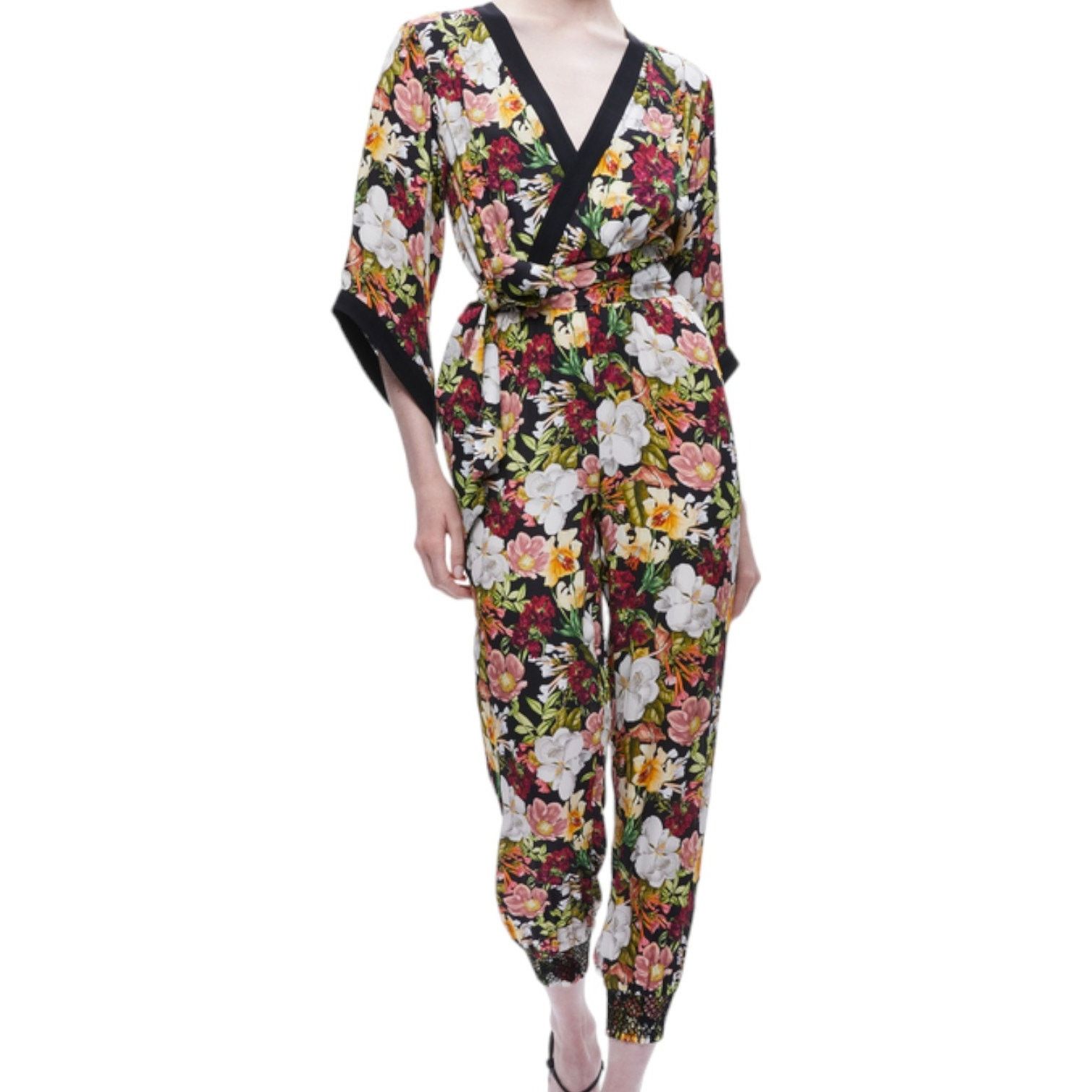 Alice + Olivia ALICE + OLIVIA Black Floral-Print Satin Jumpsuit, US2 Size 26" / US 2 / IT 38 - 2 Thumbnail