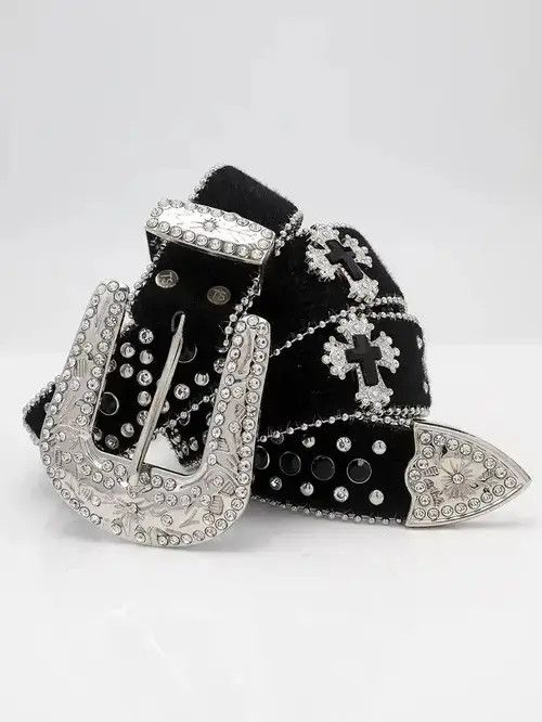 Leather Dazzling Rhinestone Belt PU Leather Belt Size ONE SIZE - 1 Thumbnail