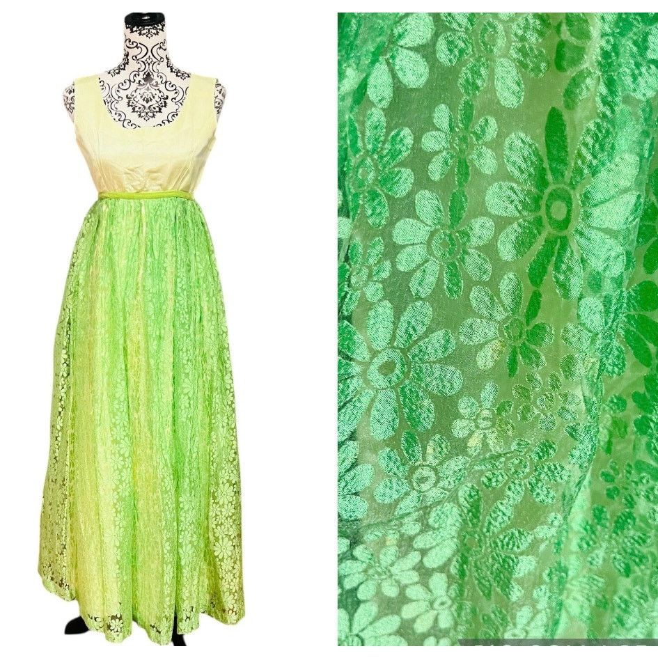 Vintage Vintage 50's/60's Bright Lime Green Daisy Lace Maxi Dress XS Size XS / US 0-2 / IT 36-38 - 1 Thumbnail