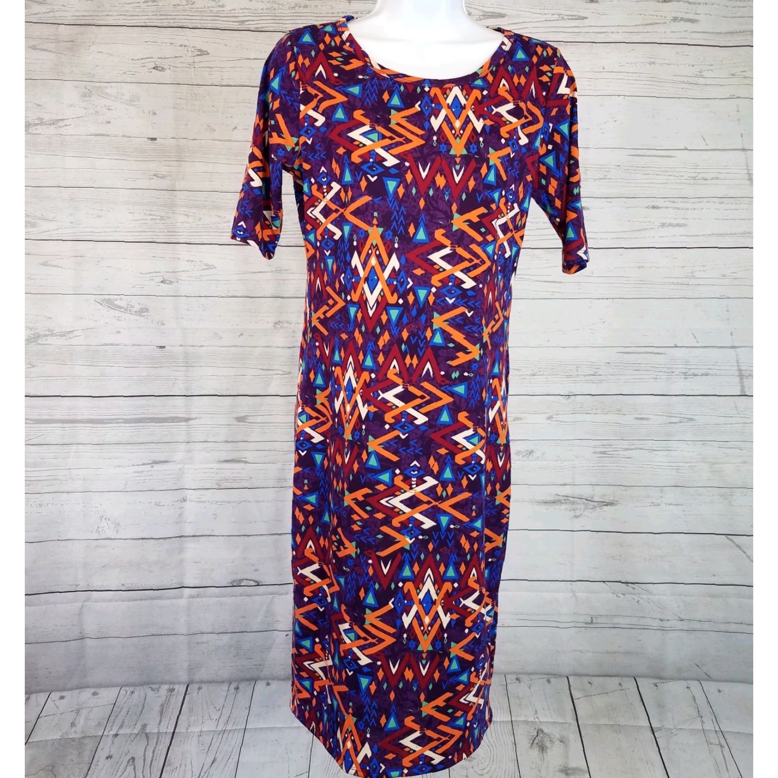 Vintage LuLaRoe Womens Julia Dress Sz S Purple Orange Geometric Short Sleeve Crew Neck Pullover Knee Length Casual Sheath Size 28" / US 6 / IT 42 - 2 Thumbnail
