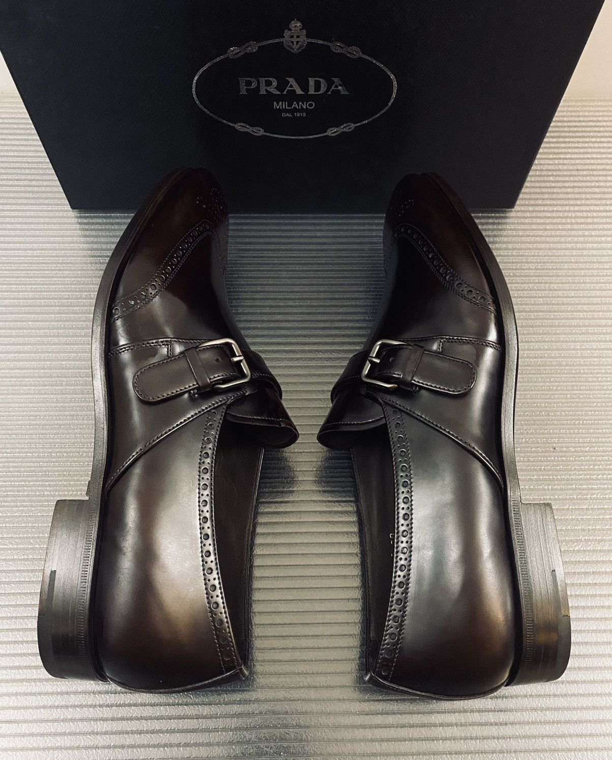 Prada Prada 🇮🇹 Bruciato wingtip toe medallion buckle loafer 11 NEW Size US 11 / EU 44 - 7 Thumbnail