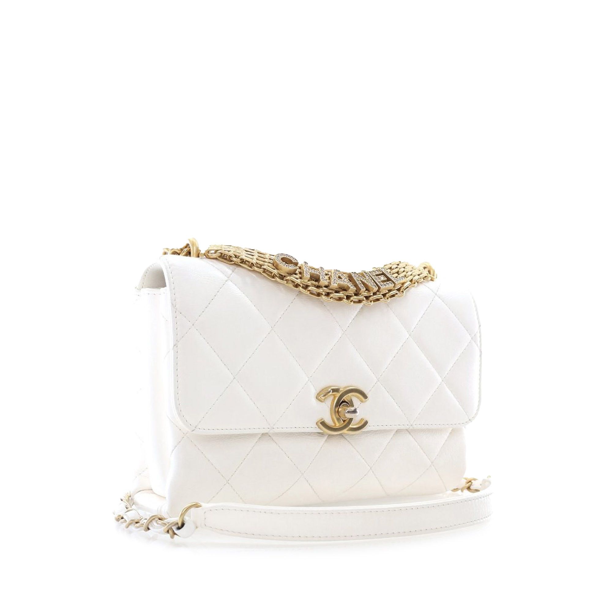Chanel Small Quilted Lambskin Crystal Logo Letters Chain Flap