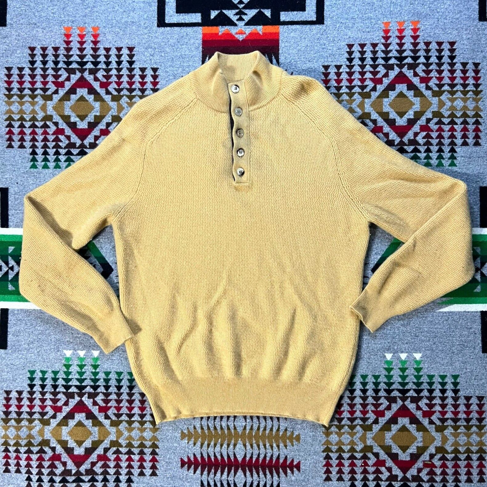 image of Ermenegildo Zegna Sweater Men's Large Yellow 1/4 Button Pure Cashmere Italy B5 in White
