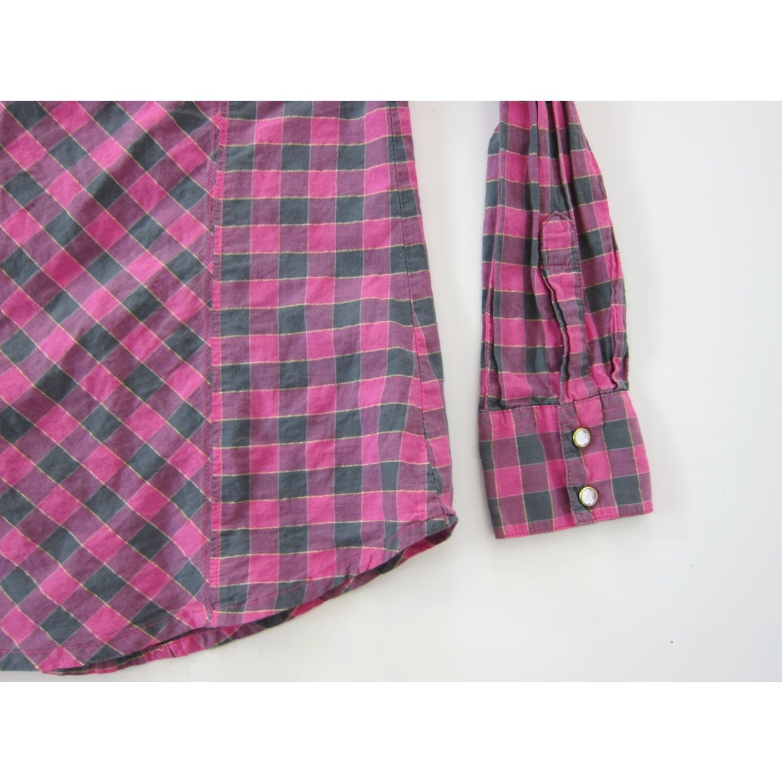 Wrangler Wrangler Cotton Blouse Shirt Pink Grey Gold Plaid Diamond Snap Collar Long Sleeve S Womens Size S / US 4 / IT 40 - 6 Thumbnail