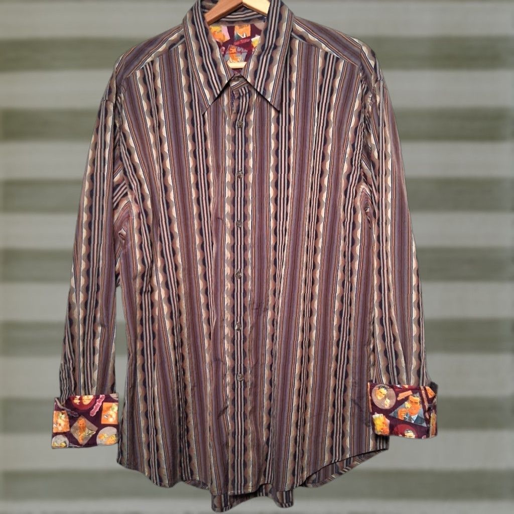 Robert Graham Robert Graham Shirt Men 2XL Gin And Tonic Purple Stripe Flip Cuff Artsy Abstract Size US XXL / EU 58 / 5 - 1 Thumbnail