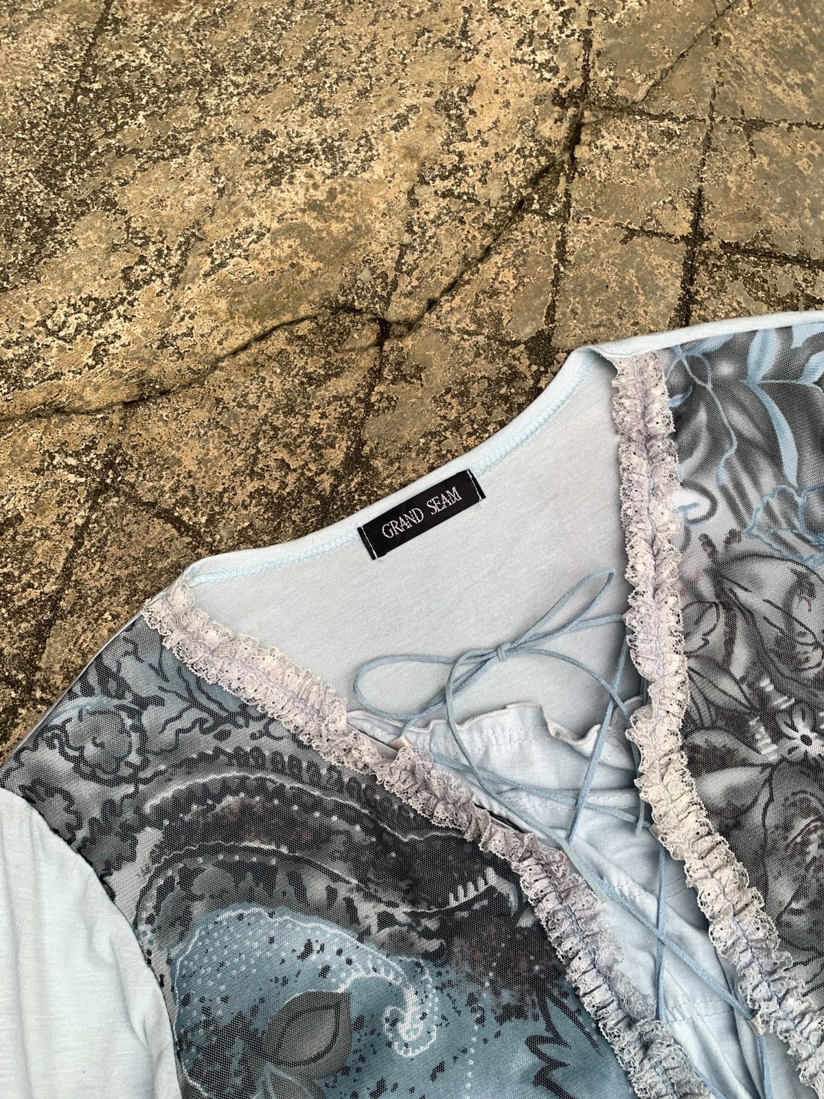 Japanese Brand × Le Grande Bleu (L.G.B.) 2000s Grand Seam Floral Lined Lace up Mesh Longsleeve Top Size L / US 10 / IT 46 - 6 Thumbnail