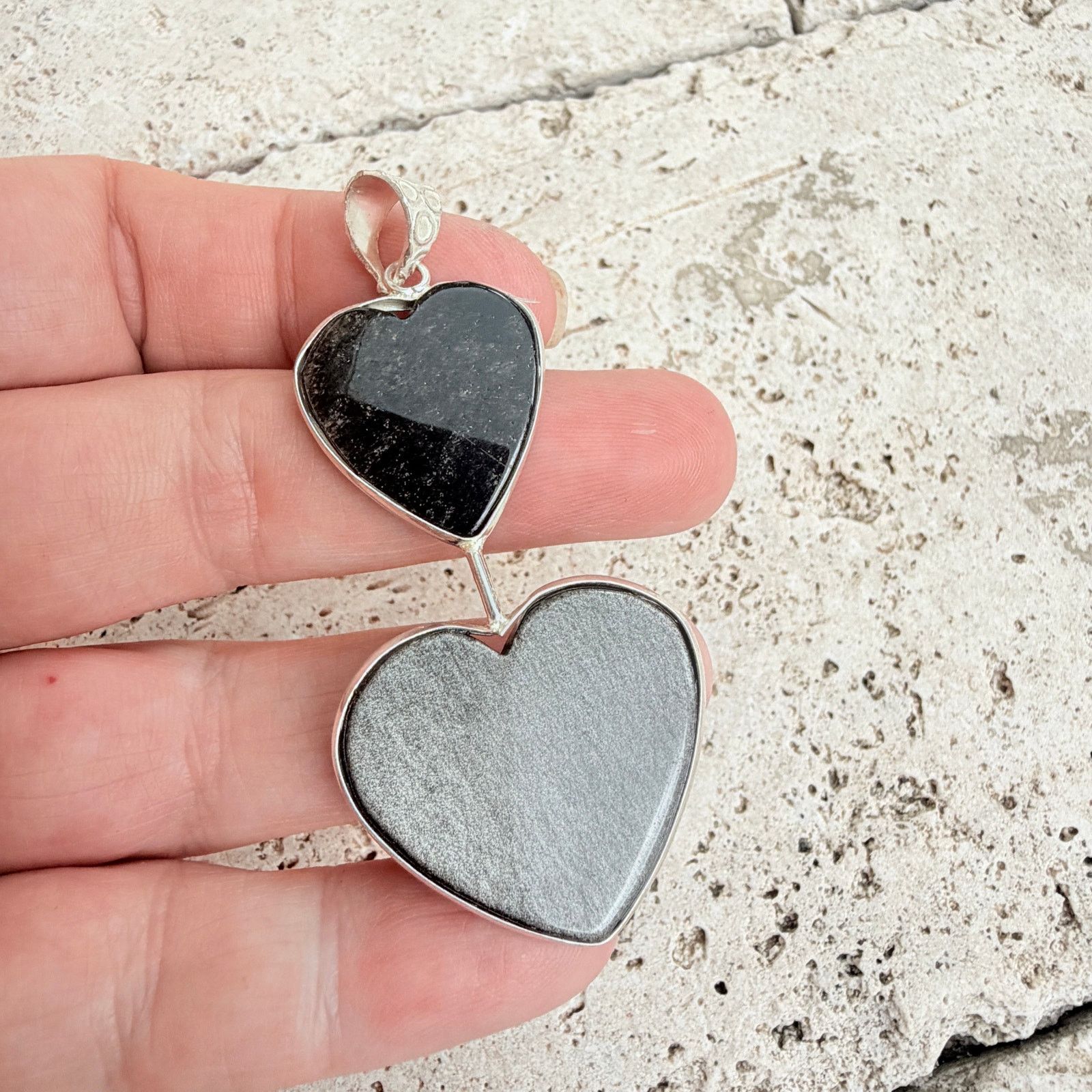 The Unbranded Brand Silver Obsidian Double Heart Pendant 925 Silver Overlayunb Size ONE SIZE - 6 Thumbnail