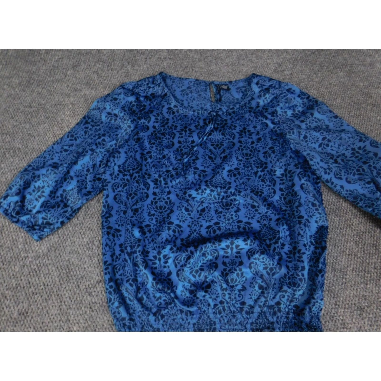 Vintage Ashley Judd Womens Blouse XL Blue Floral Crew Neck Pullover Stretch Long Sleeve Regular Fit Button Polyester Size XL / US 12-14 / IT 48-50 - 3 Thumbnail
