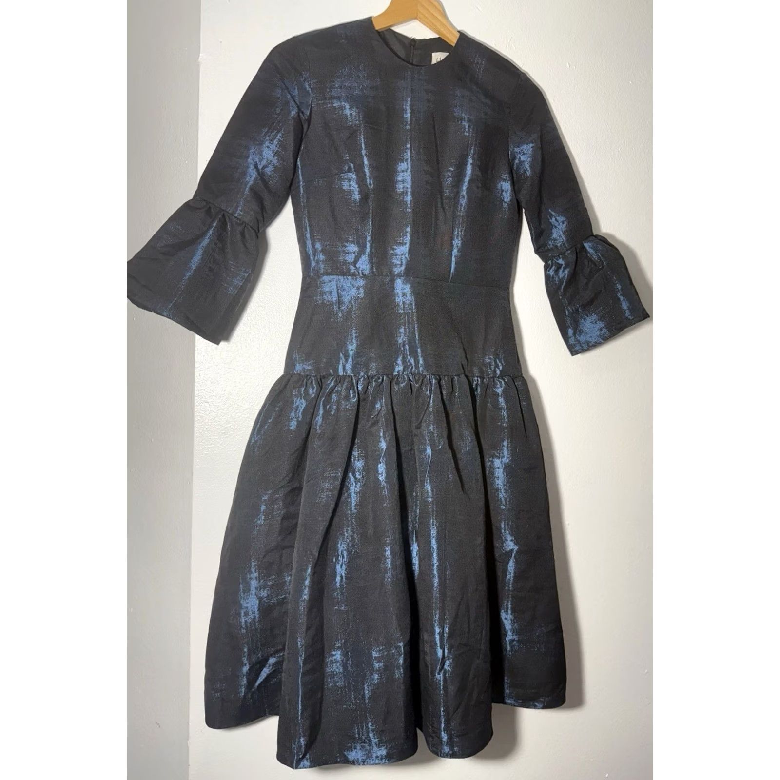 Bell VINTAGE Honey P. Dress Bell Sleeve 3/4 Sleeve Black Blue Metallic Sheen Knee Length Womens Fit & Flare Formal Party/Cocktail 0 Size XS / US 0-2 / IT 36-38 - 5 Thumbnail