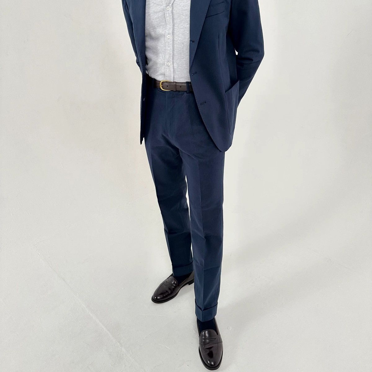 image of Bespoke Natalino-Flat Front Trouser - Navy Brushed Cotton in Blue, Men's (Size 36)