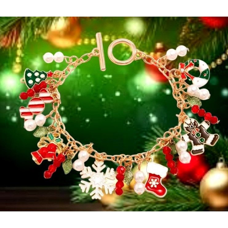 Handmade Christmas Charm Bracelet New Bells Gingerbread Man Stocking Size ONE SIZE - 1 Thumbnail
