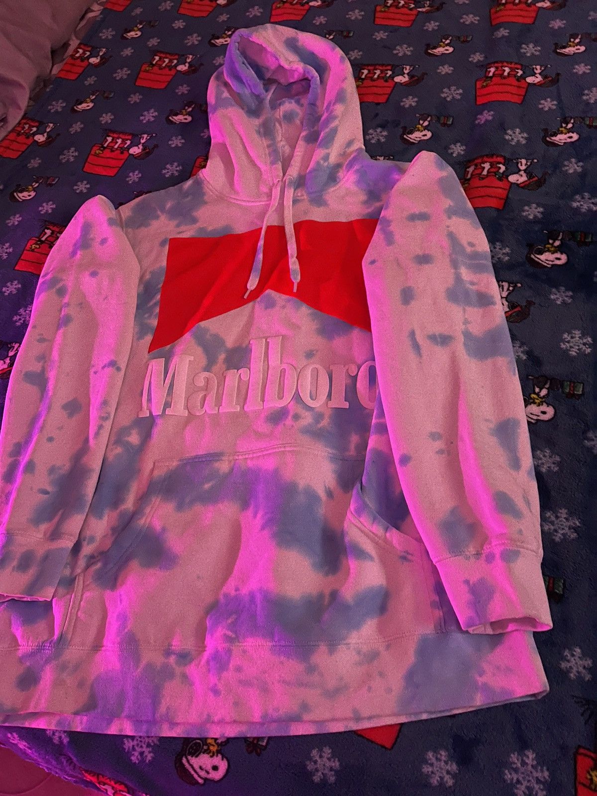 image of Blue And White Tie Dye Marlboro Hoodie, Men's (Size XL)