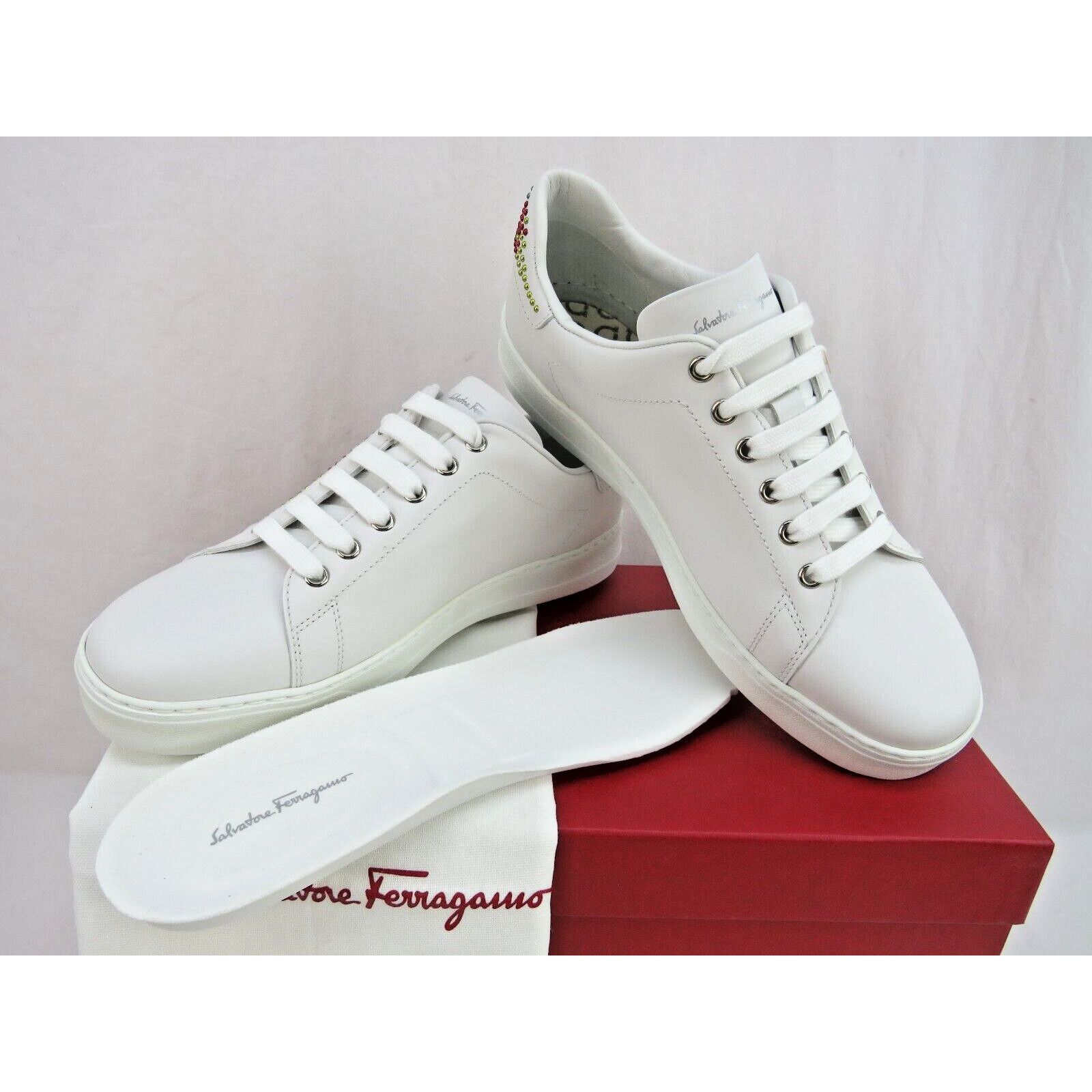 Salvatore Ferragamo PIERRE WHITE LEATHER STADS GANCINI LOGO SNEAKERS 9 C ITALY Size US 9 / IT 39 - 8 Thumbnail