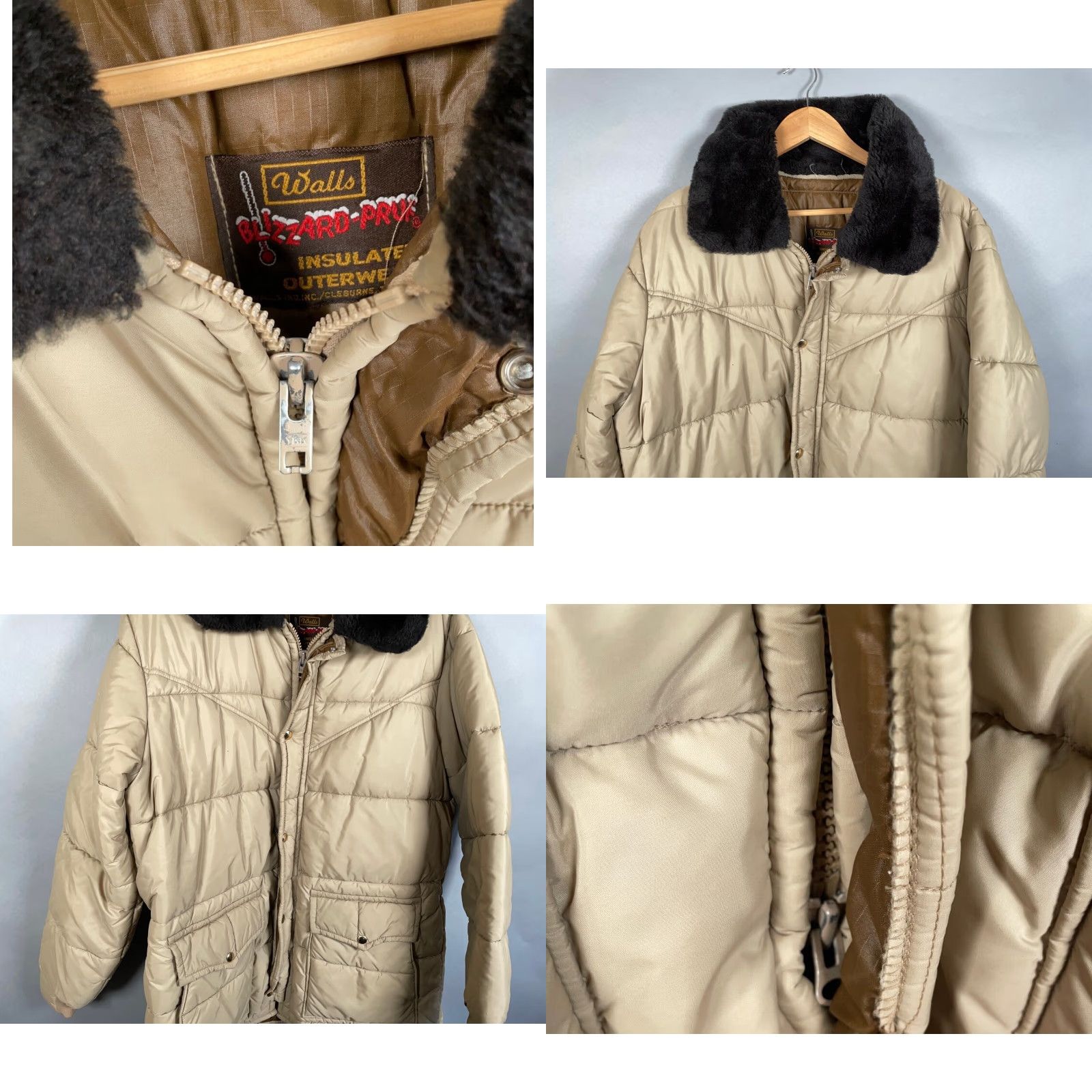 Walls VINTAGE Walls Blizzard Pruf Puffer Jacket Men's Large Beige Zip Up Faux Fur Collar 80s Nature Outdoor Retro Size US L / EU 52-54 / 3 - 9 Thumbnail