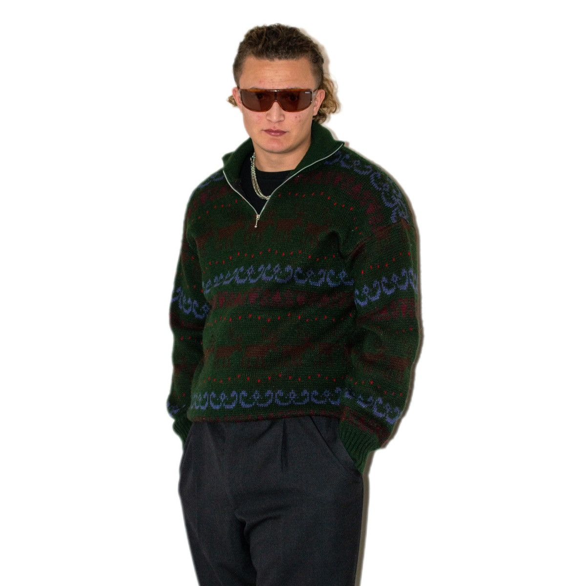Designer × Vintage 90s Vintage dark green Geometric 1/4 zip neck Sweater jumper Size US L / EU 52-54 / 3 - 1 Thumbnail